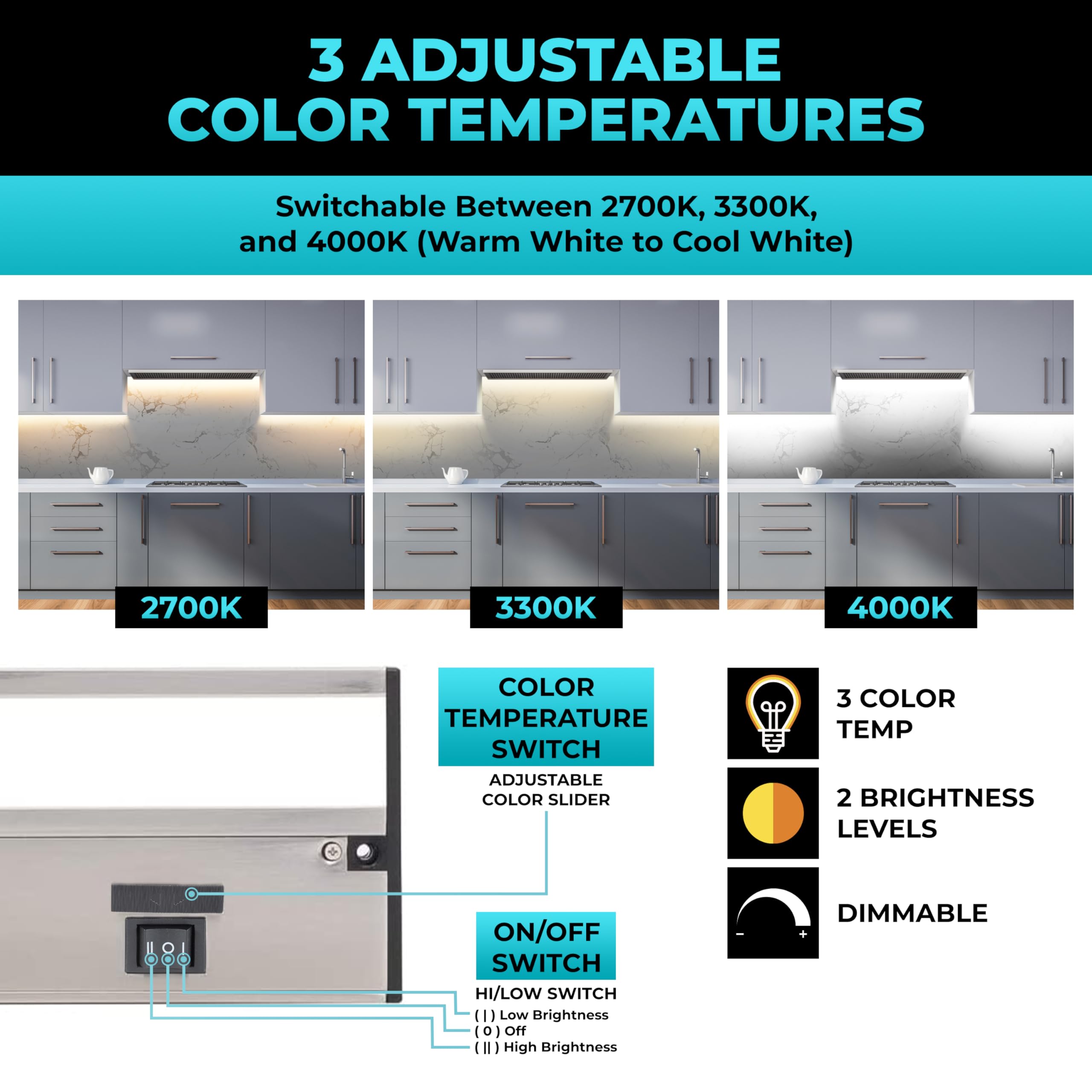 Led Under Cabinet Lighting Hardwired - Linkable Undercabinet Lights For Kitchen - 3Cct 18 Inch Satin Finish - Undercounter Dimmable Plug In Light Or Hard Wired - Under Counter Fixture Direct Wire