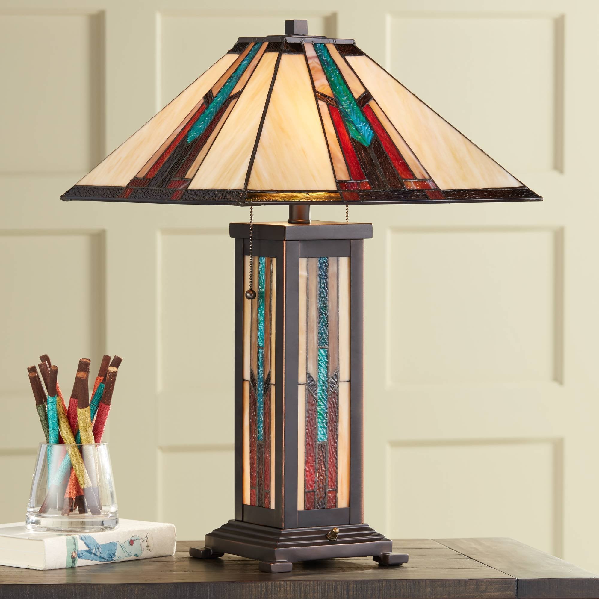 Robert Louis Tiffany Ranier Mission Tiffany Style Table Lamp with Nightlight 25 High Bronze Brown Antique Stained Art Glass for 