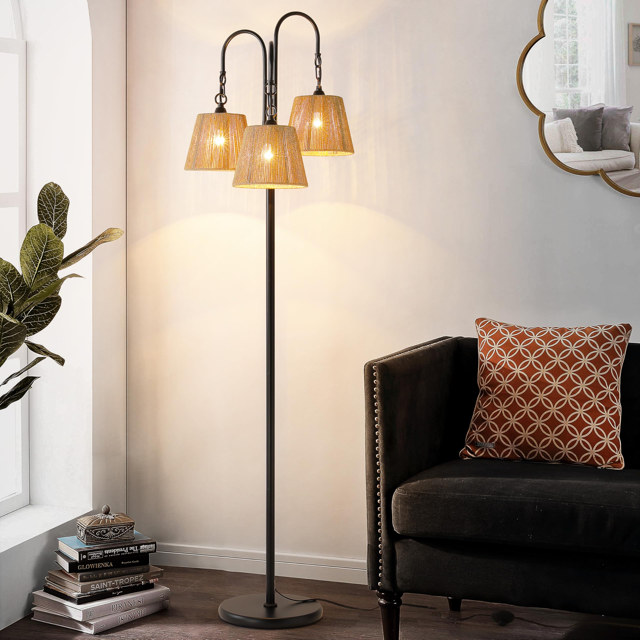 ZenGlimmer Rattan Floor Lamp - 68in Bohemian-Black, 3-Light Tree Lamp with Natural Shade, E26 Socket, Footswitch for Living Room or Bedroom