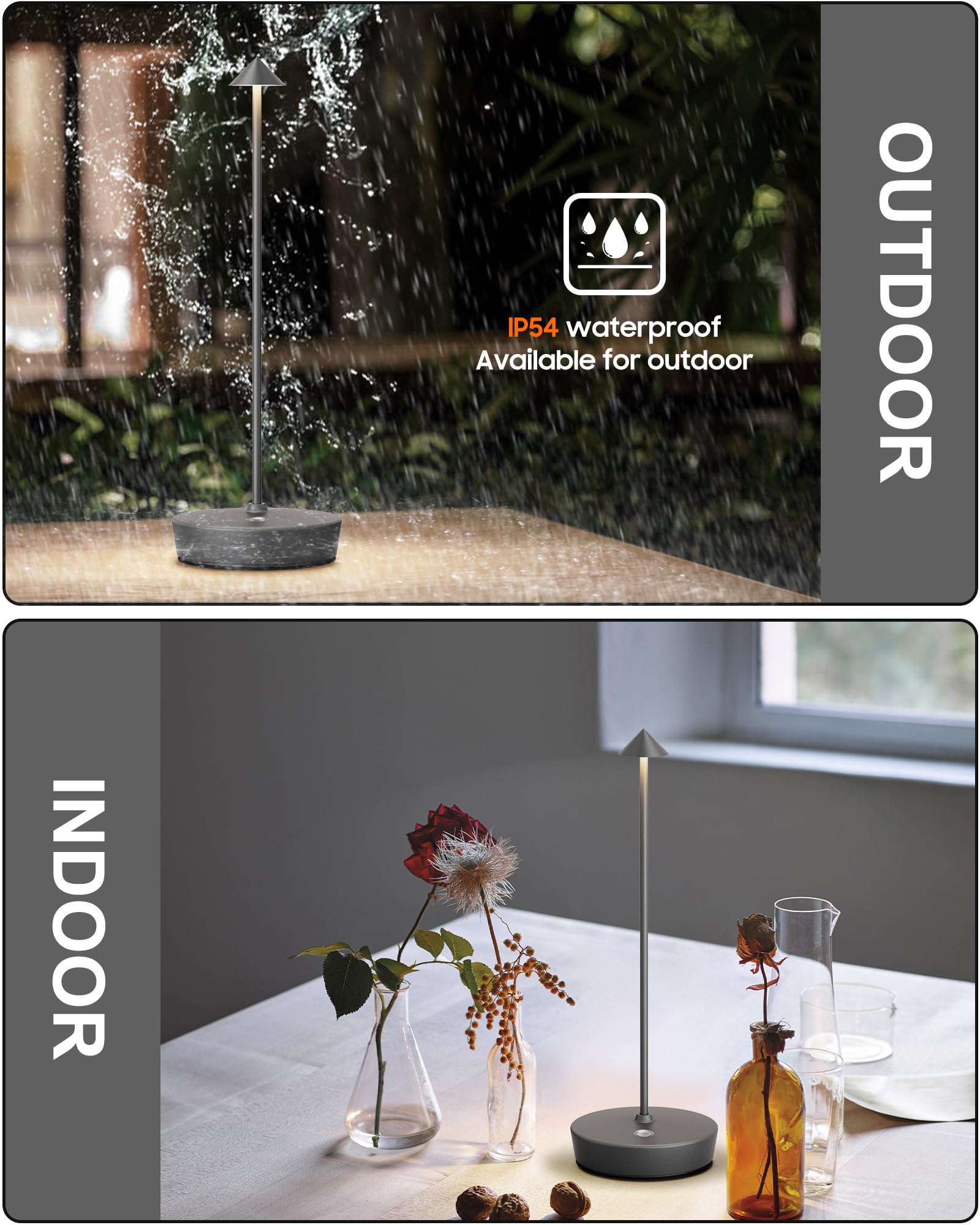 SHANGCAI Cordless Table Lamps LED, Rechargeable 6000mAh, Waterproof, Touch Dimmable, Set of 2, Grey