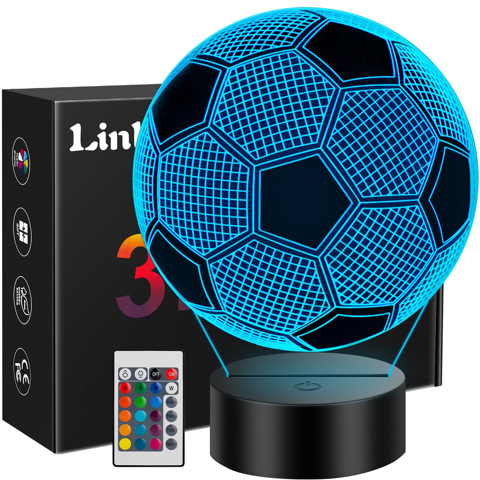 Linkax Soccer Ball 3D Illusion Lamp - Easter Basket Stuffers For Boys Ages 8-13, 16 Color Changing