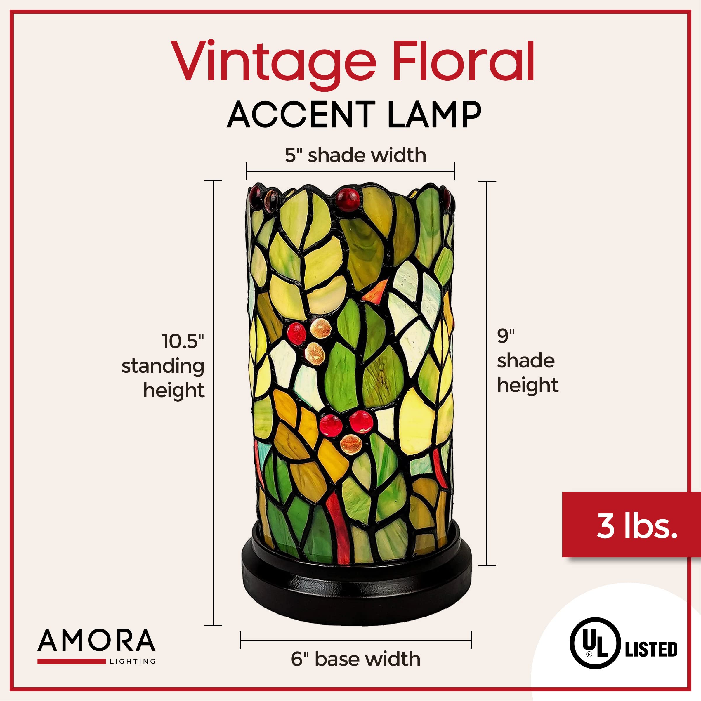 Amora Green Tiffany Accent Lamp - Floral Leaf Mosaic Table Lamp, 11” Decorative Desk Light