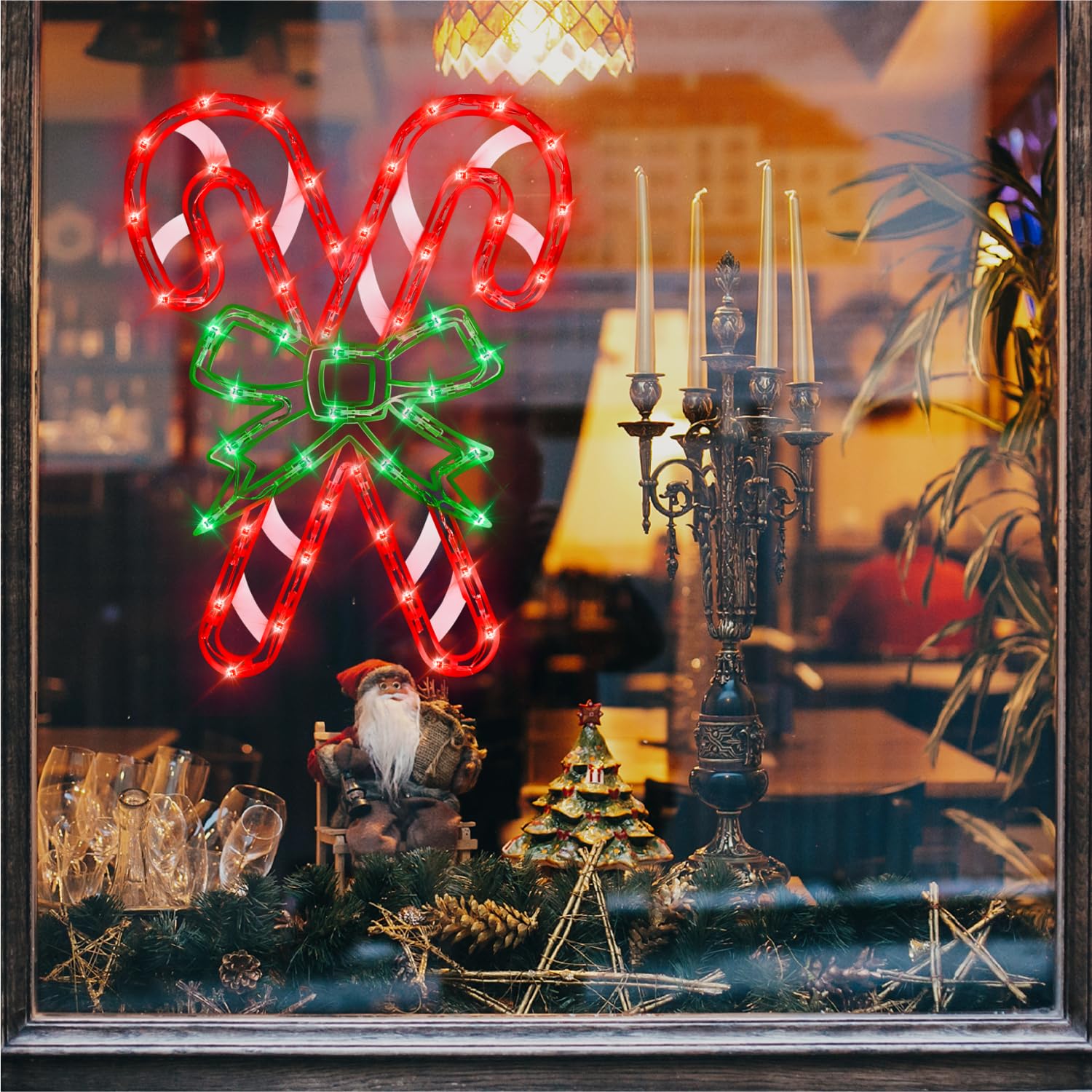 Pytopkto 16 Christmas Window Silhouette Lights - 6 Pack Colour Lighted Candy Cane & Santa & Christmas Stocking & Candle & Gift Box &Snowflake For Holiday Indoor And Outdoor Window Decorate