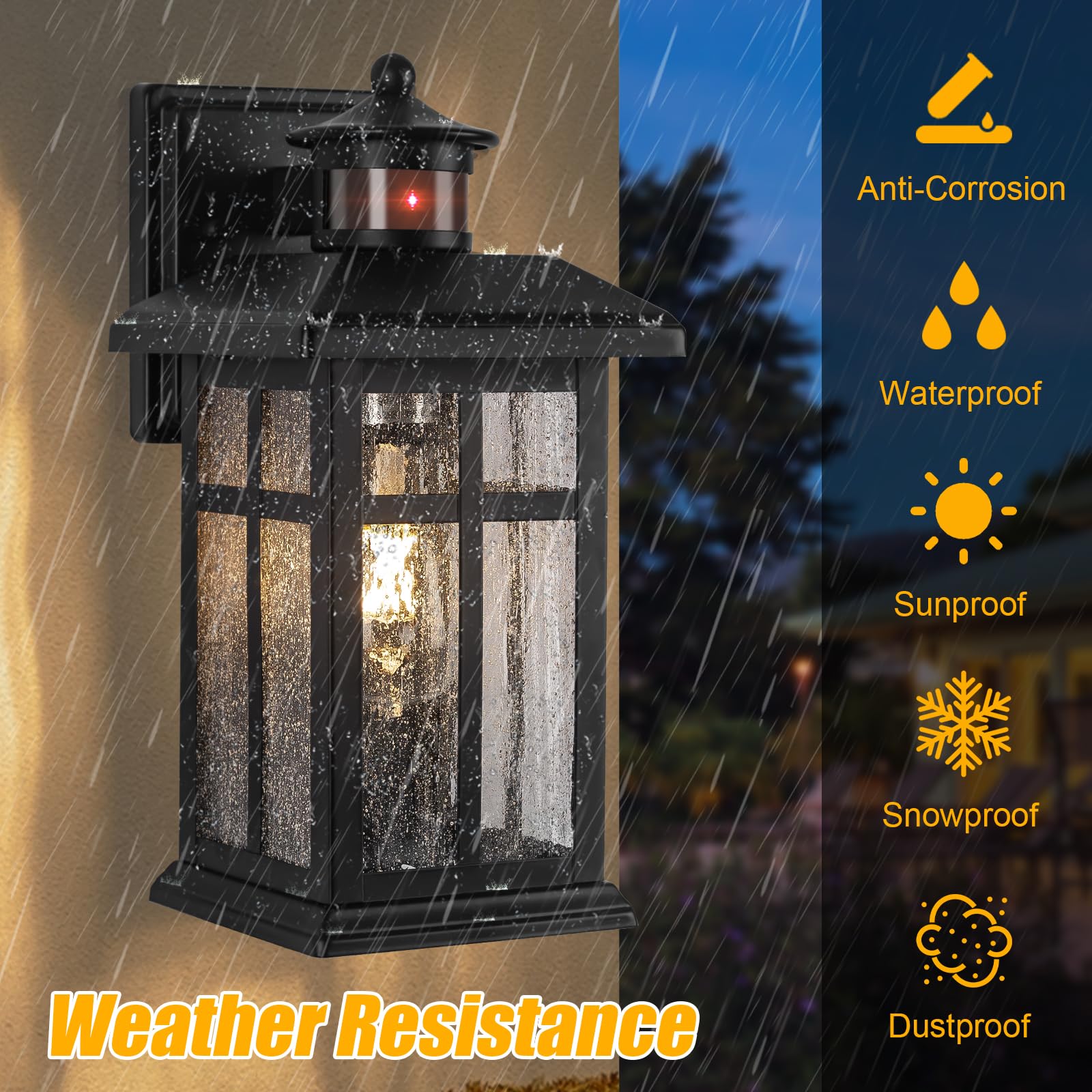 Brilvibera Motion Sensor Outdoor Wall Lights 2-Pack - Black Waterproof Dusk to Dawn Fixtures with E26 Sockets