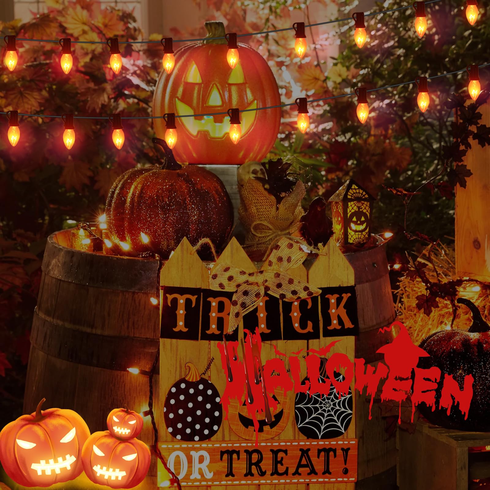 Romasaty C9 String Lights, 25FT Clear Orange Halloween Lights, 27 Bulbs, Glass, Black Wire