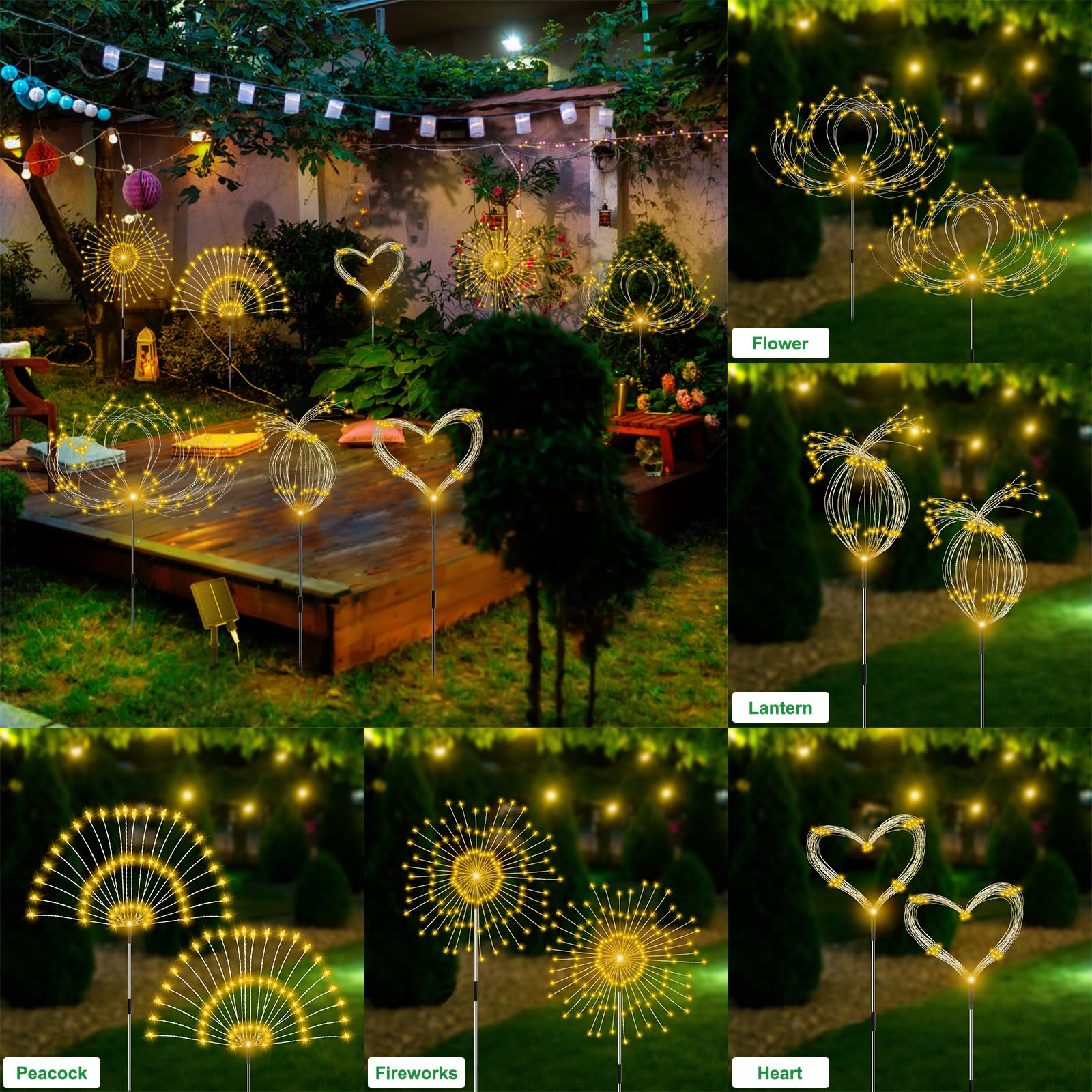 Slyuexu Solar Garden Lights, 480 LED Firework Lights, 4 Pack, Warm White, Waterproof, 8 Lighting Modes, Model YF0003