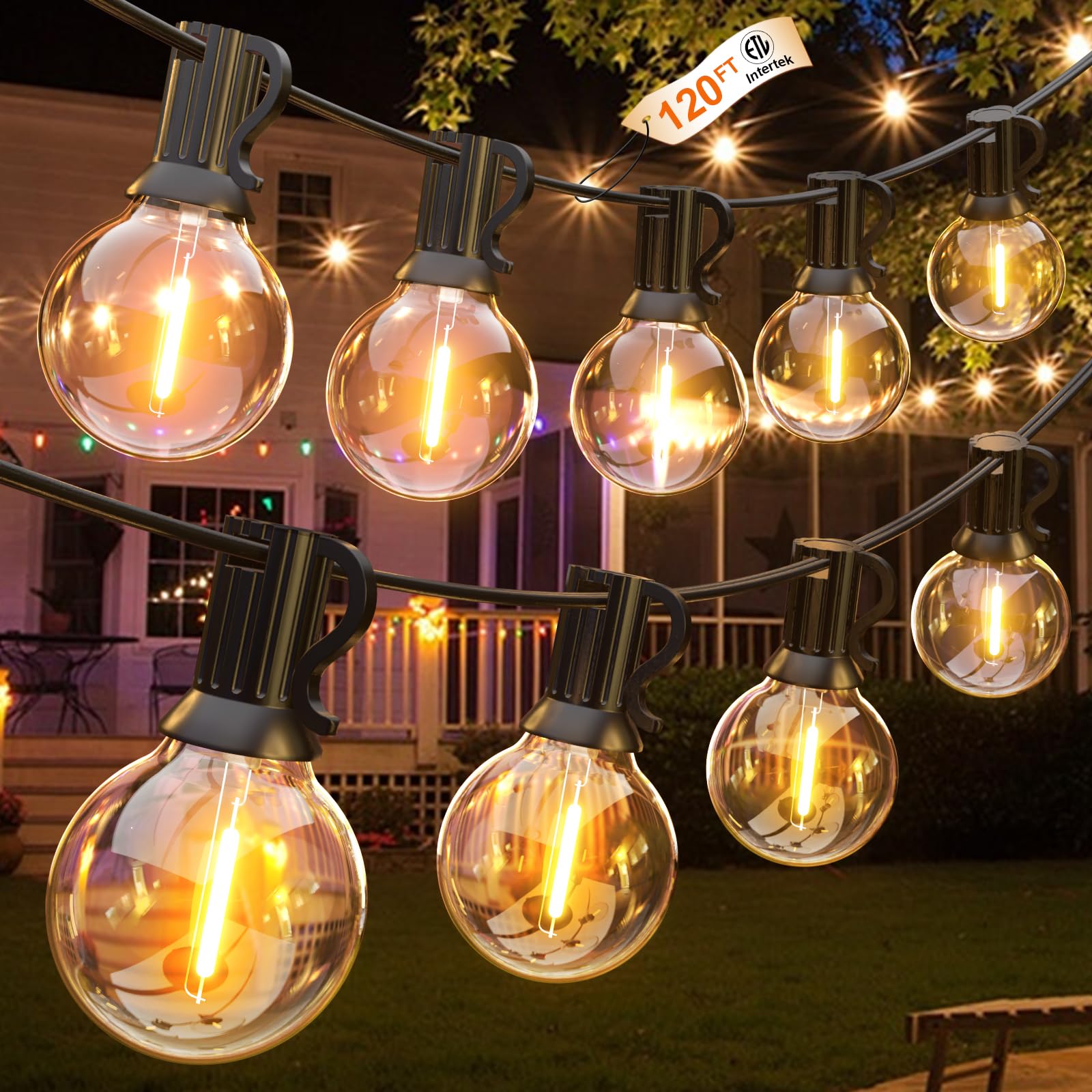 Gluroo 120Ft Outdoor String Lights, G40 Led Patio Lights With 64Pcs Bulbs, Waterproof Shatterproof Dimmable Globe Hanging Outdoor Patio Lights Cafe,Bistro Outside Lights For Patio, 2Packs * 60Ft