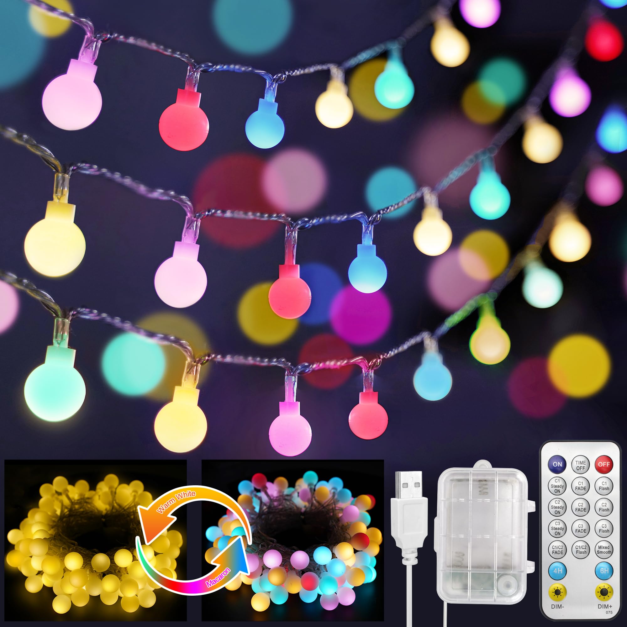 OMIKA 33FT Pastel Christmas Lights Battery Operated, 100 LEDs Warm White Fairy Lights, USB Powered String Lights with Remote for Indoor Outdoor Xmas Party Girls Bedroom Pastel Decor