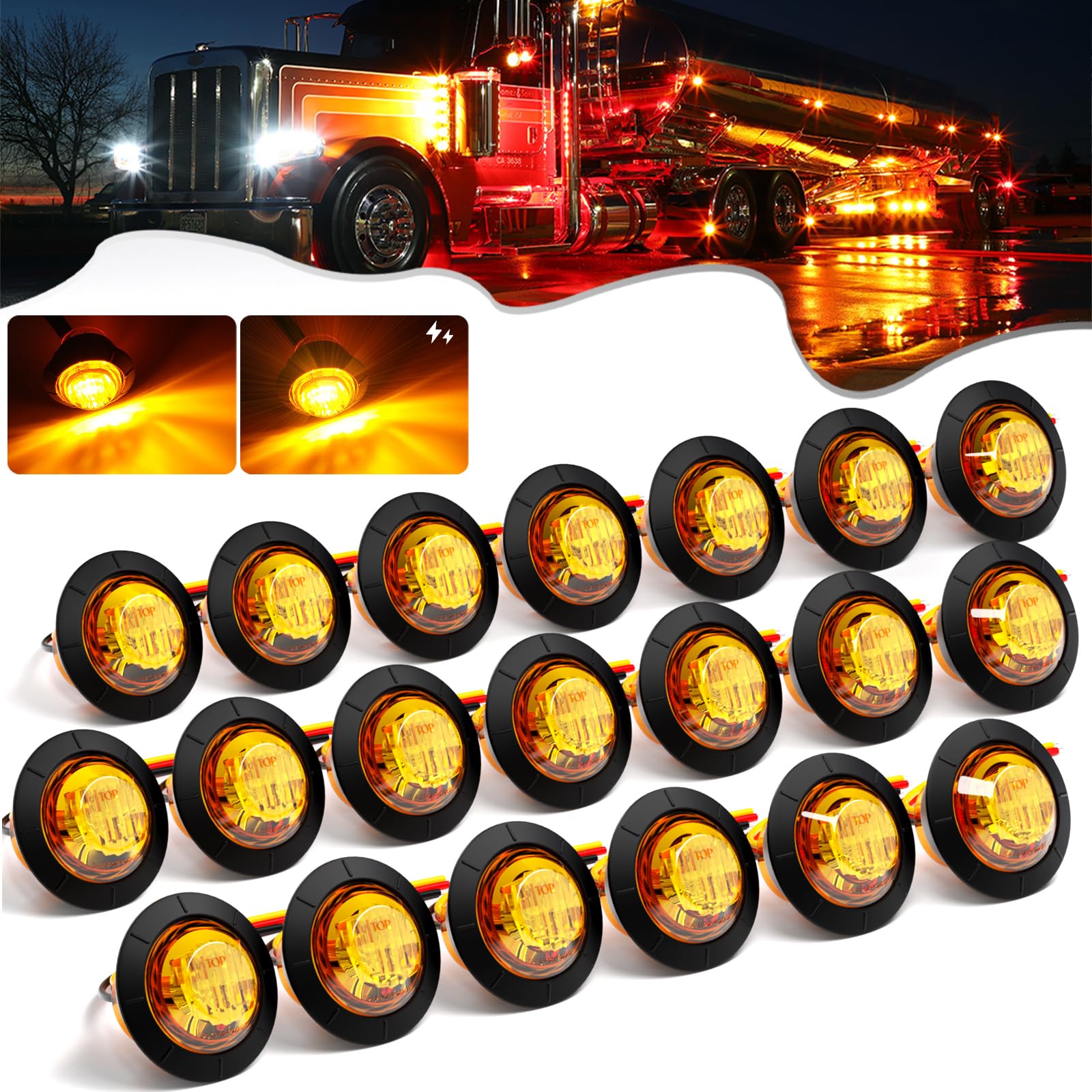 PSEQT 20Pcs 3/4 Strobe Flash+Steady Marker Lights Dual Function Amber LED Trailer Side Clearance Tail Round Lights 12V Turn Signal Warning Waterproof Lamps for Trailer Truck Bus ATV UTV Van RV