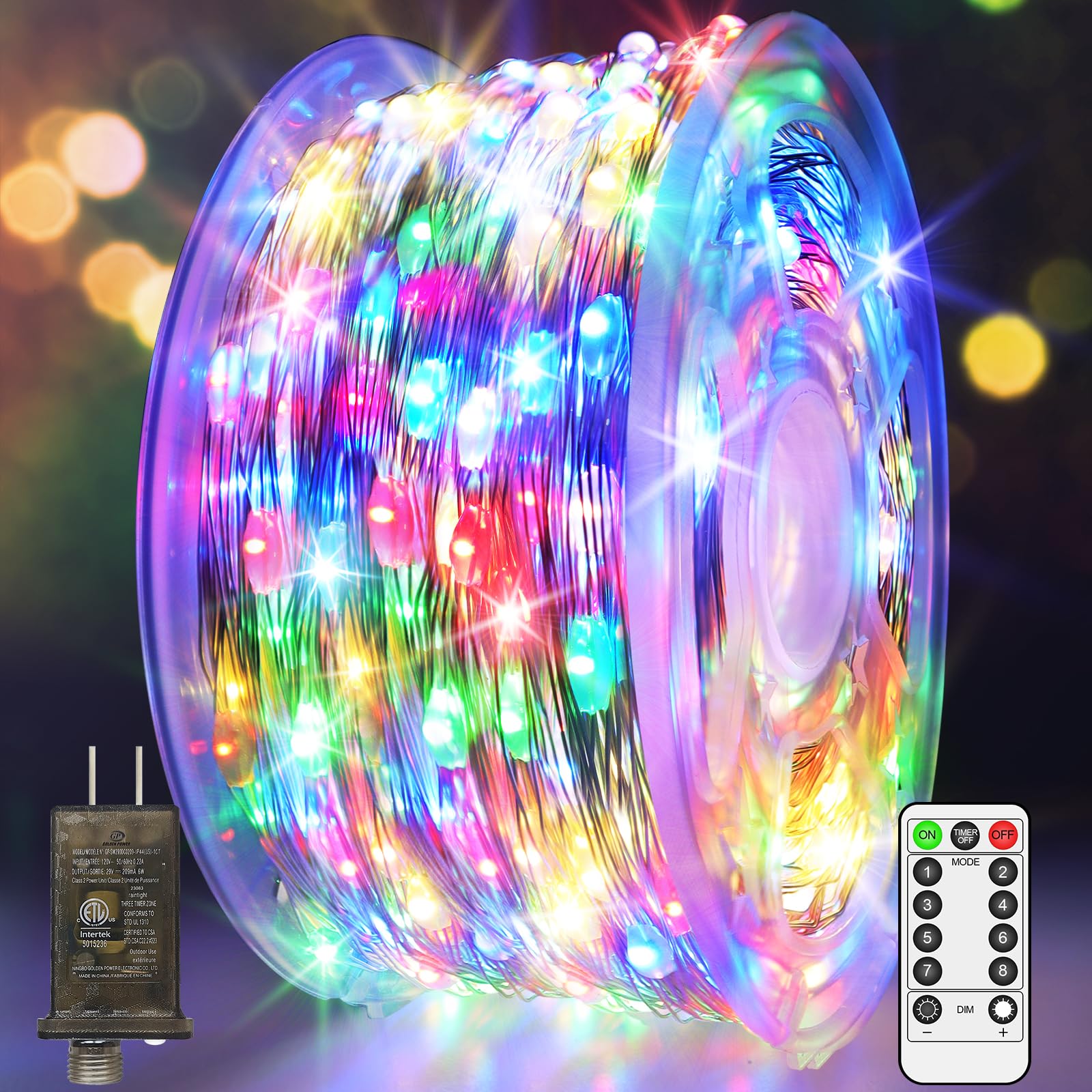 JXLEDAYY 400 LED Fairy Lights Outdoor Waterproof Twinkle Lights with Timer, 8 Modes, Multicolored, Model BG-CL3M3-306L01