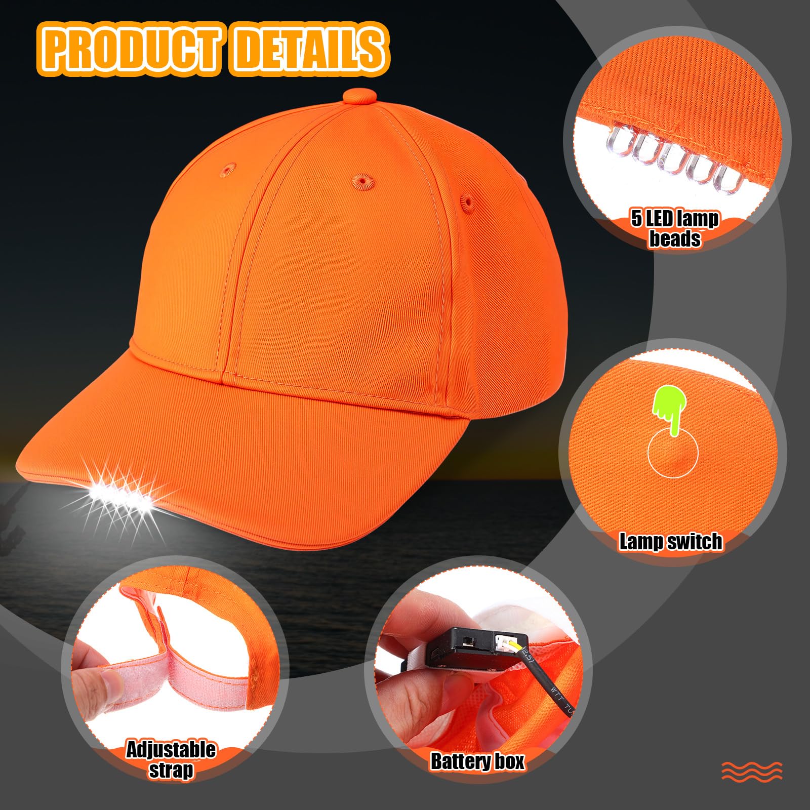 Syhood LED Baseball Caps with Built-in Light, 5 Battery-Powered Headlamp, Cotton, Black/Orange, for Fishing, Jogging, Camping