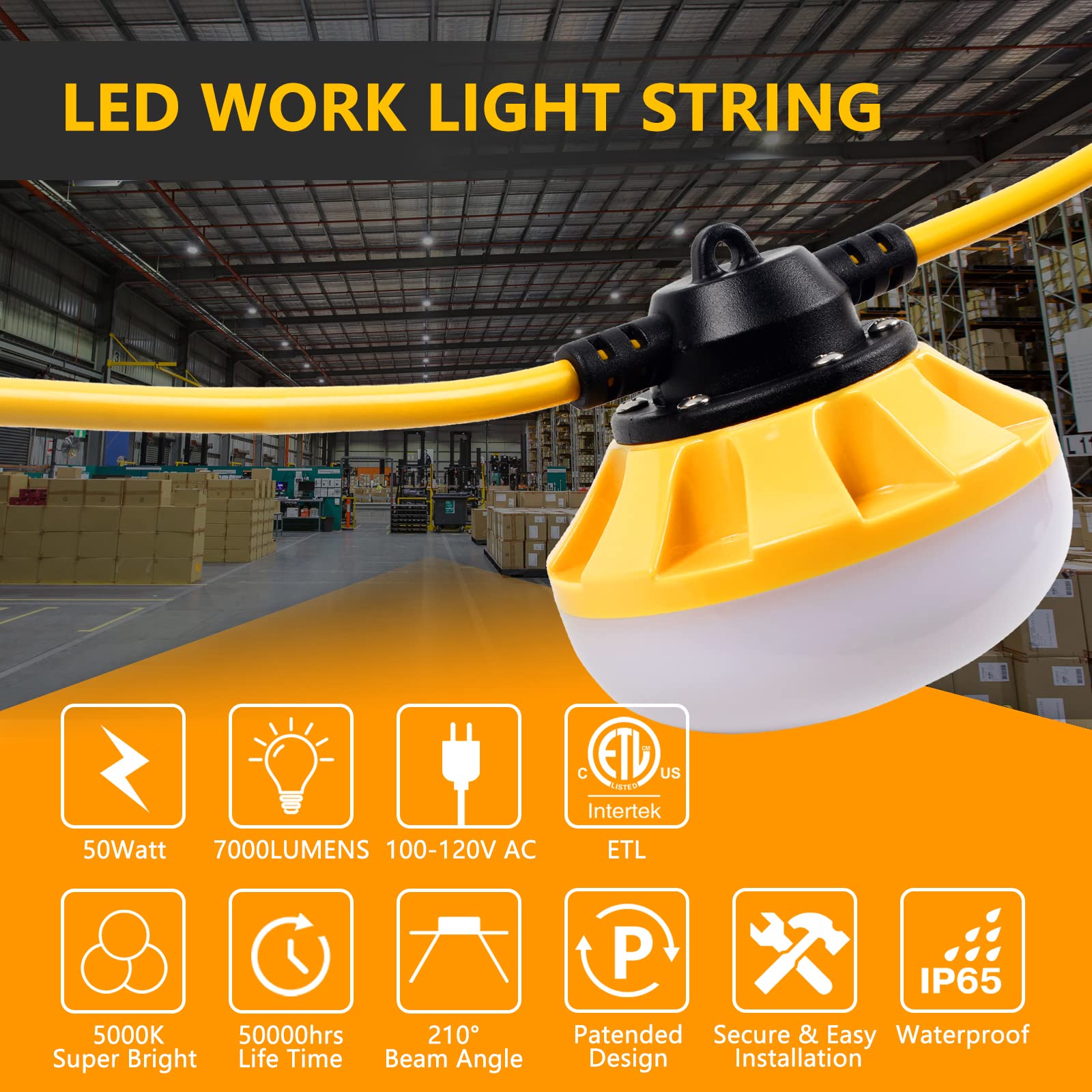 Muasdae 50FT LED Construction String Lights, Industrial Grade, Yellow, 2 Prong, Model zYd-g-011, Ideal for Outdoor Lighting Solutions
