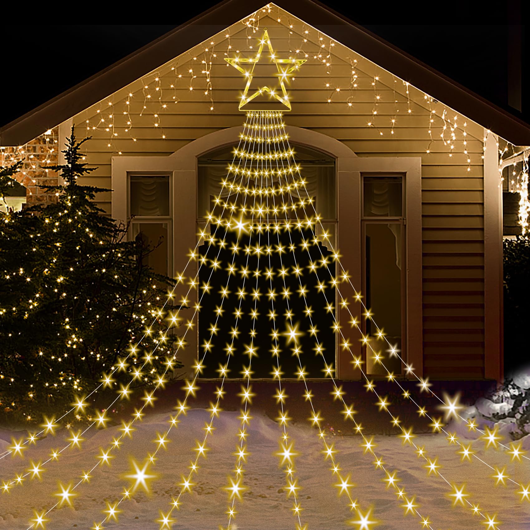Onory Christmas Outdoor Star String Lights, 23FT, 860 LED, Waterproof, Warm White, 8 Modes for Patio, Yard, Party Holiday Decor