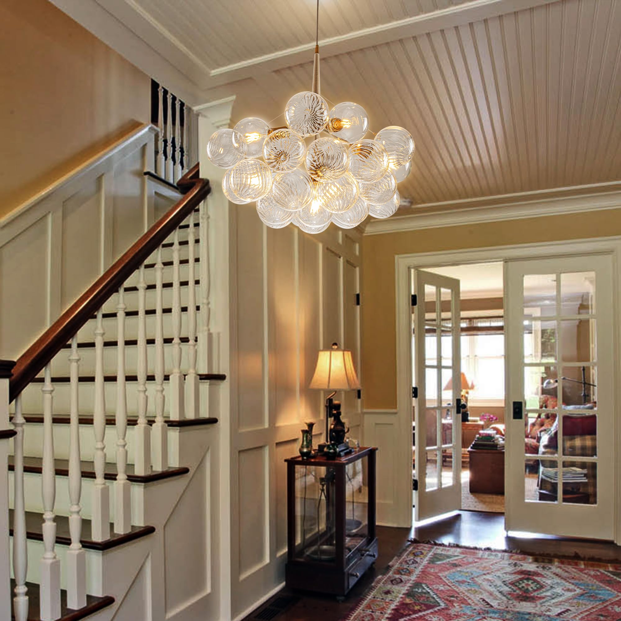 Beypan White Gold Bubble Ball Chandelier 6-Light Dia 24 Inch Mid-Century Blown Glass Light Fixtures Swirled Clear Globe Chandeliers Lighting Pendant For Dining Living Room Entryway Island