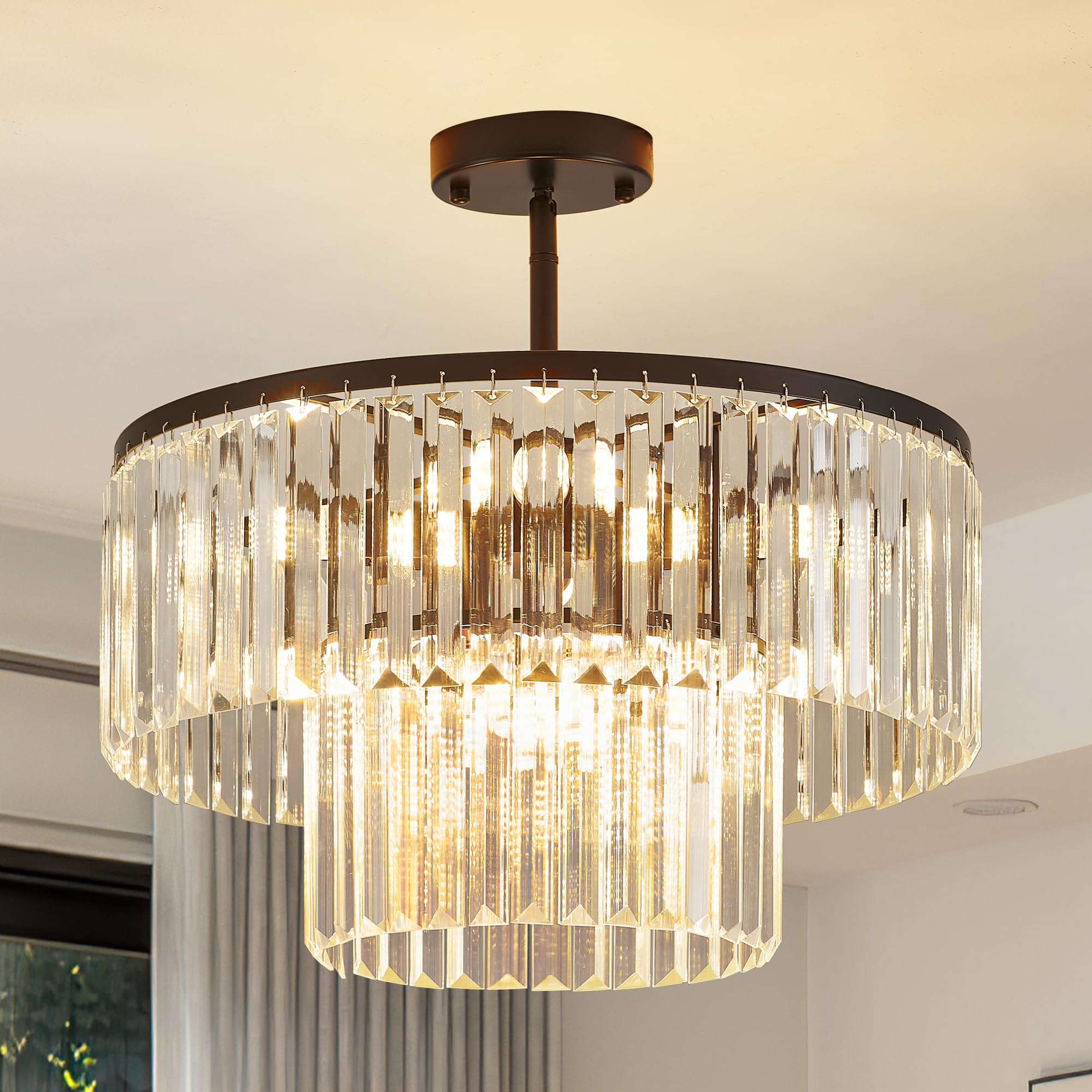 Lighceac 17.7 Black Semi Flush Mount 2-Tier Crystal Ceiling Light Fixtures For Dining Room Modern stylish 8-Light Chandeliers Lighting For Bedroom Entryway Hallway Kitchen Island Living Room Foyer
