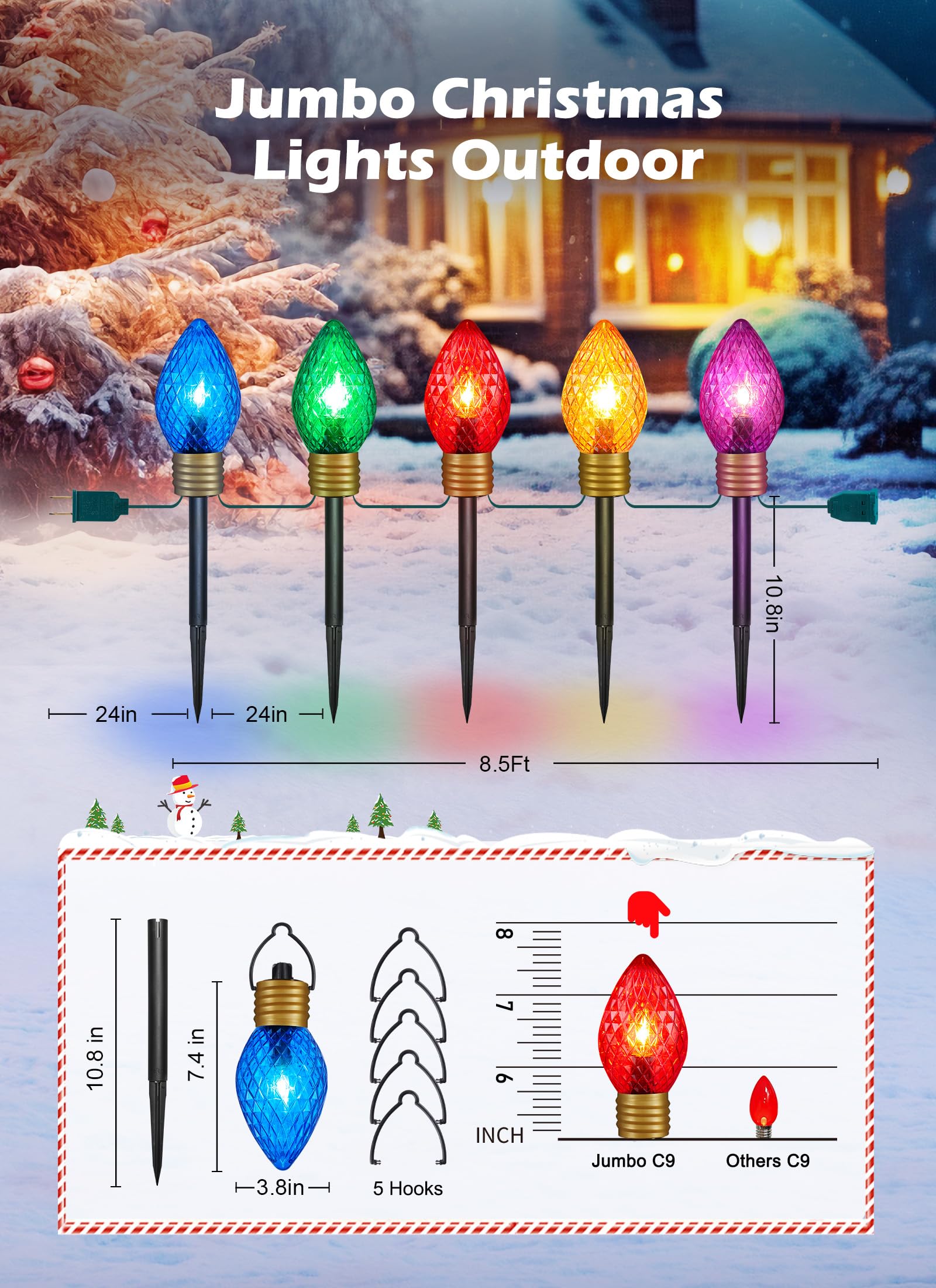 Brightown Strawberry Jumbo C9 Christmas Pathway Lights Outdoor,Christmas Outside Decoration Lawn,8.5Ft 5 Led String Lights Cover