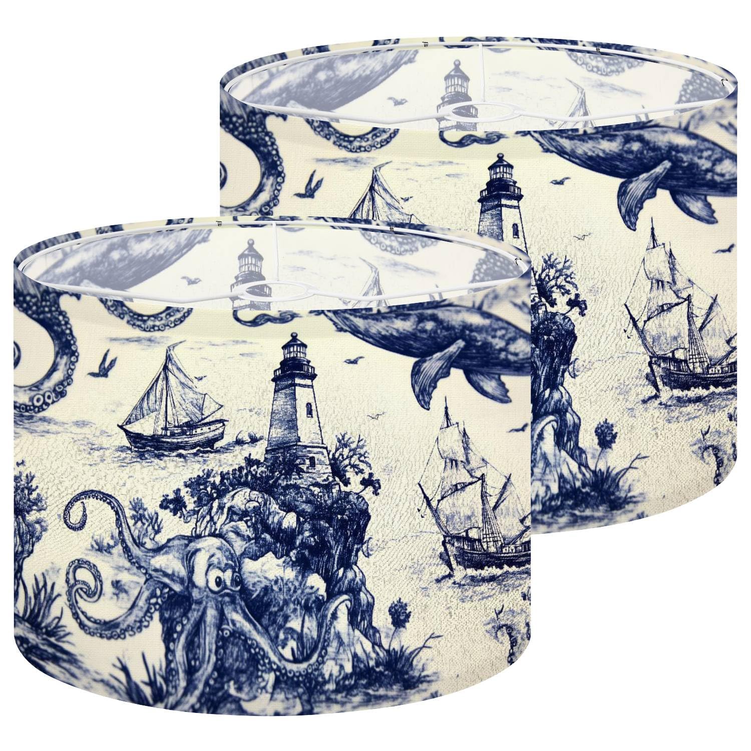 Lamp Shades Set of 2 Blue Deep Sea Toile Lighthouse Sailing Ships Octopus Whale Seagulls Drum Lampshades 8.9x11x11 for Table Lam