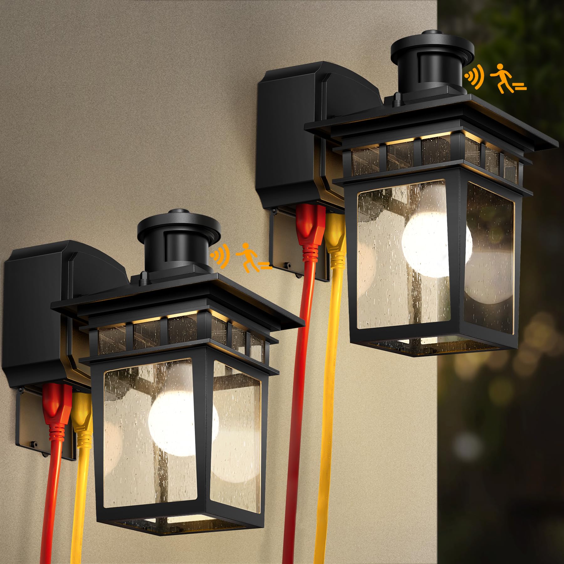 APOTO 2 Pack Porch Light with GFCI Outlet, Black Dusk to Dawn Motion Sensor Outdoor Lights, 3-Mode Wall Exterior Lighting Fixtur