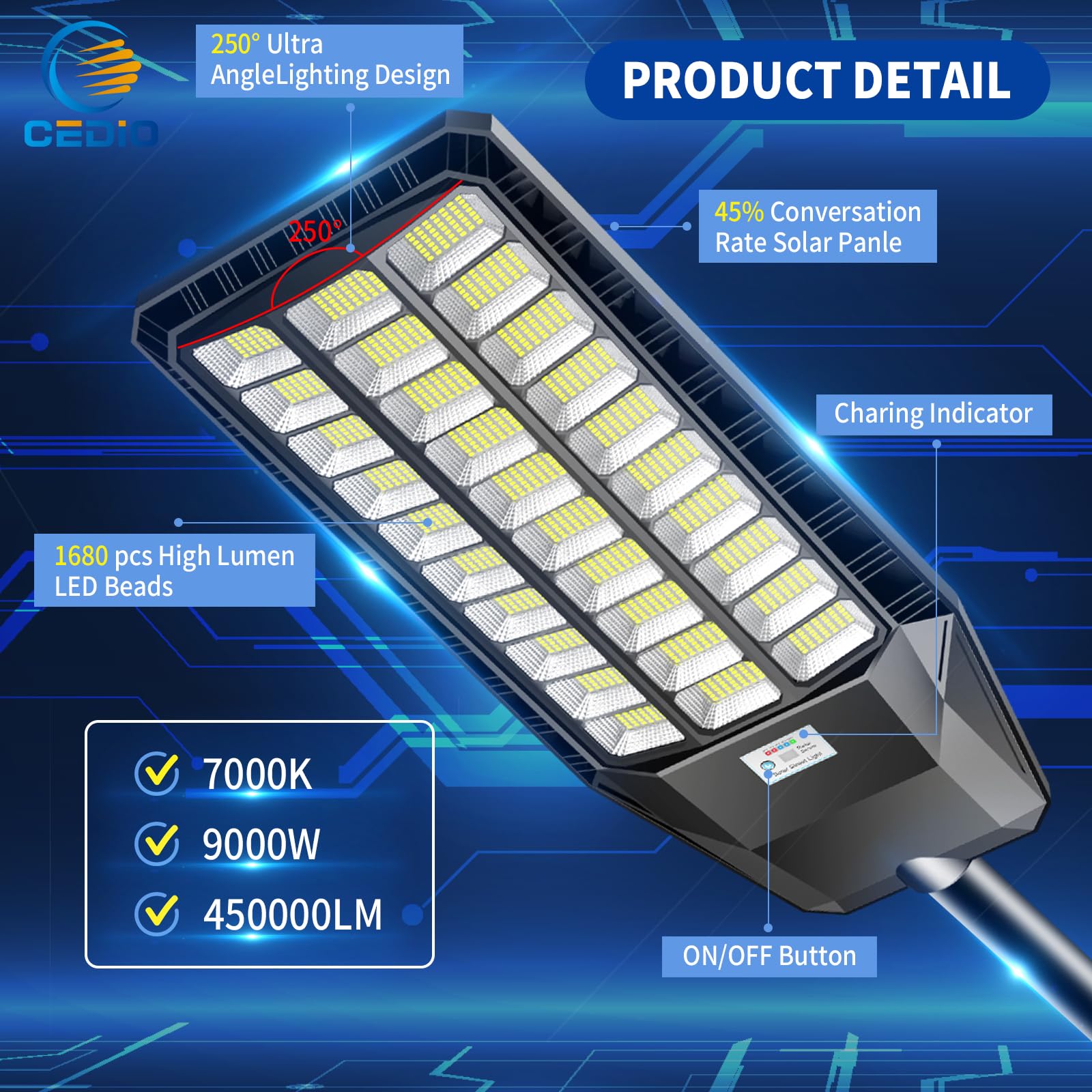 Cedio Solar Street Lights Outdoor Solar Parking Lot Lights Commercial 9000W 450000 Lumens Led Solar Street Light Waterproof Ip66