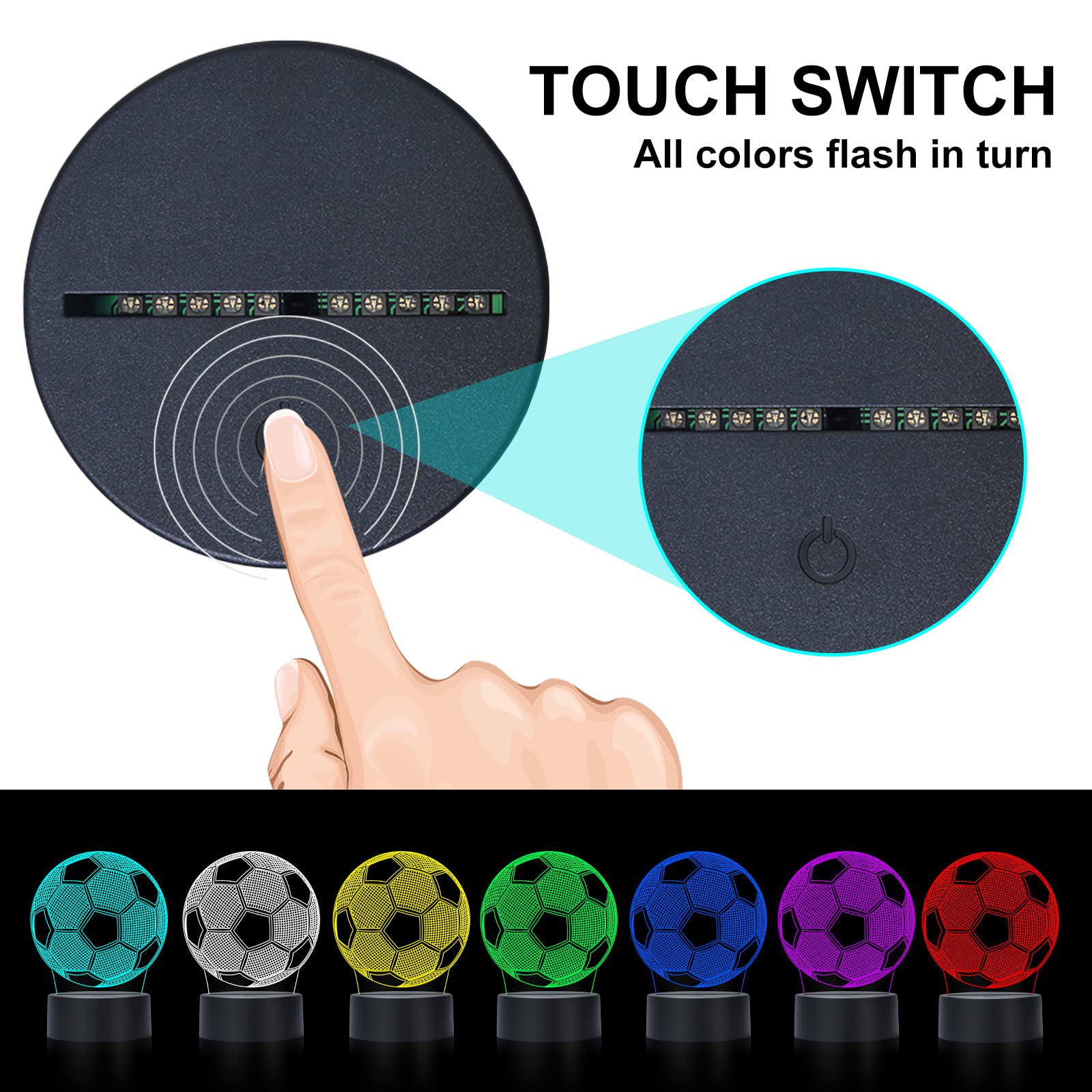 Febdey Soccer Night Light Night Light For Kids, 3D Illusion Night Lamp, Usb Led Table Lamp Smart Touch Dimmer Lights 7 Color Cha