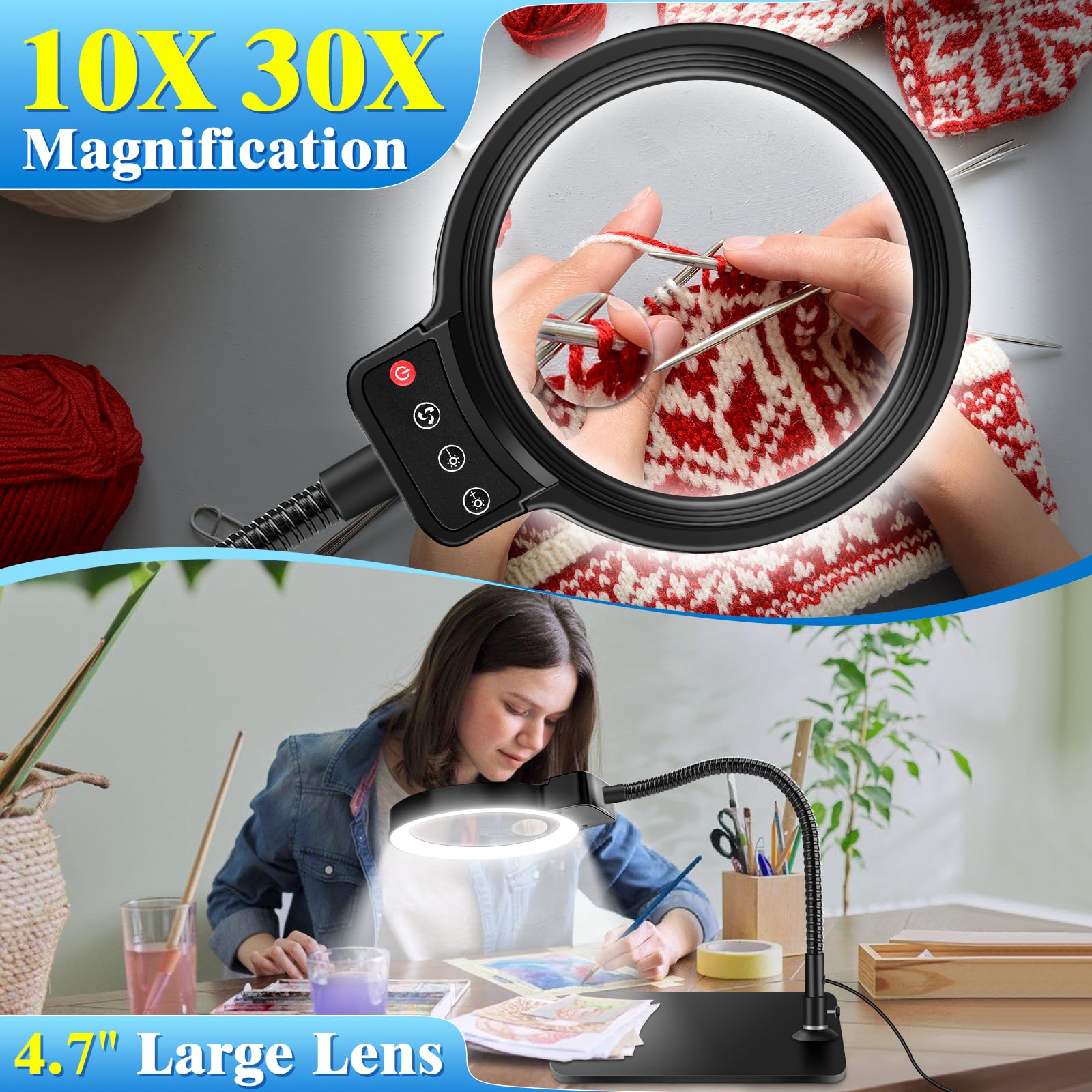 30X 10X Magnifying Glass With Light And Stand, 72 Led 3 Color Modes Stepless Dimmable, Hands Free Lighted Magnifier Desk Lamp Fo