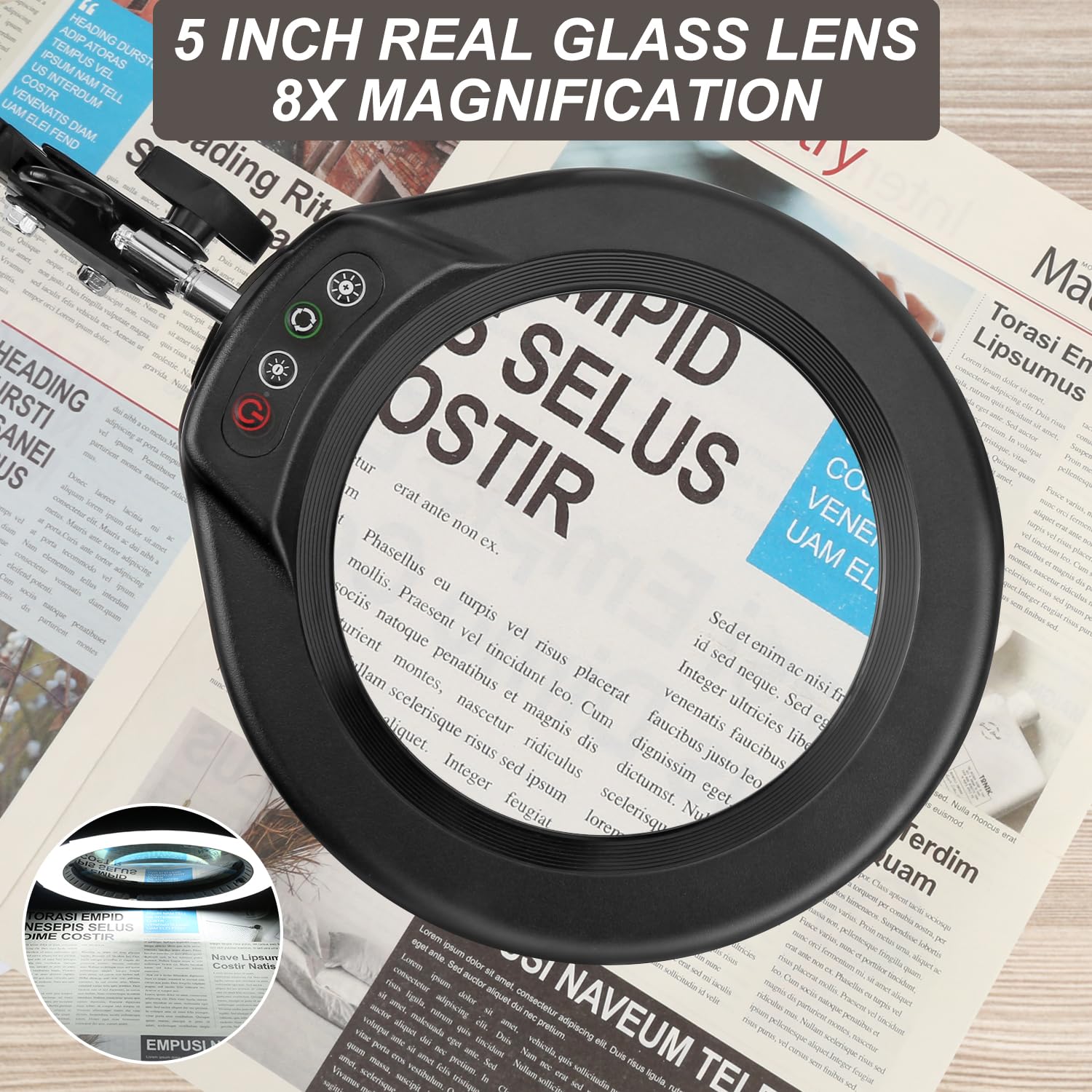 Veemagni 5 Led Magnifying Glass With Light, 8X Real Glass, Black, Model Z5-018, Stepless Dimmable, Hands-Free Clamp Desk Lamp