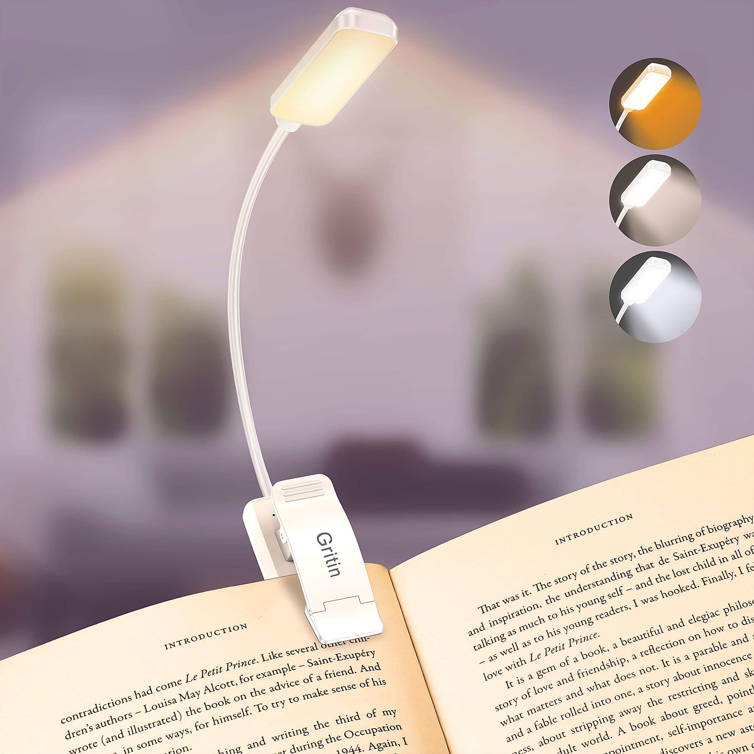 Gritin Rechargeable Book Light - 9 LED, 3 Color Temperatures, Stepless Dimming, Lightweight Clip-On, Standard Size, White, Model G1330