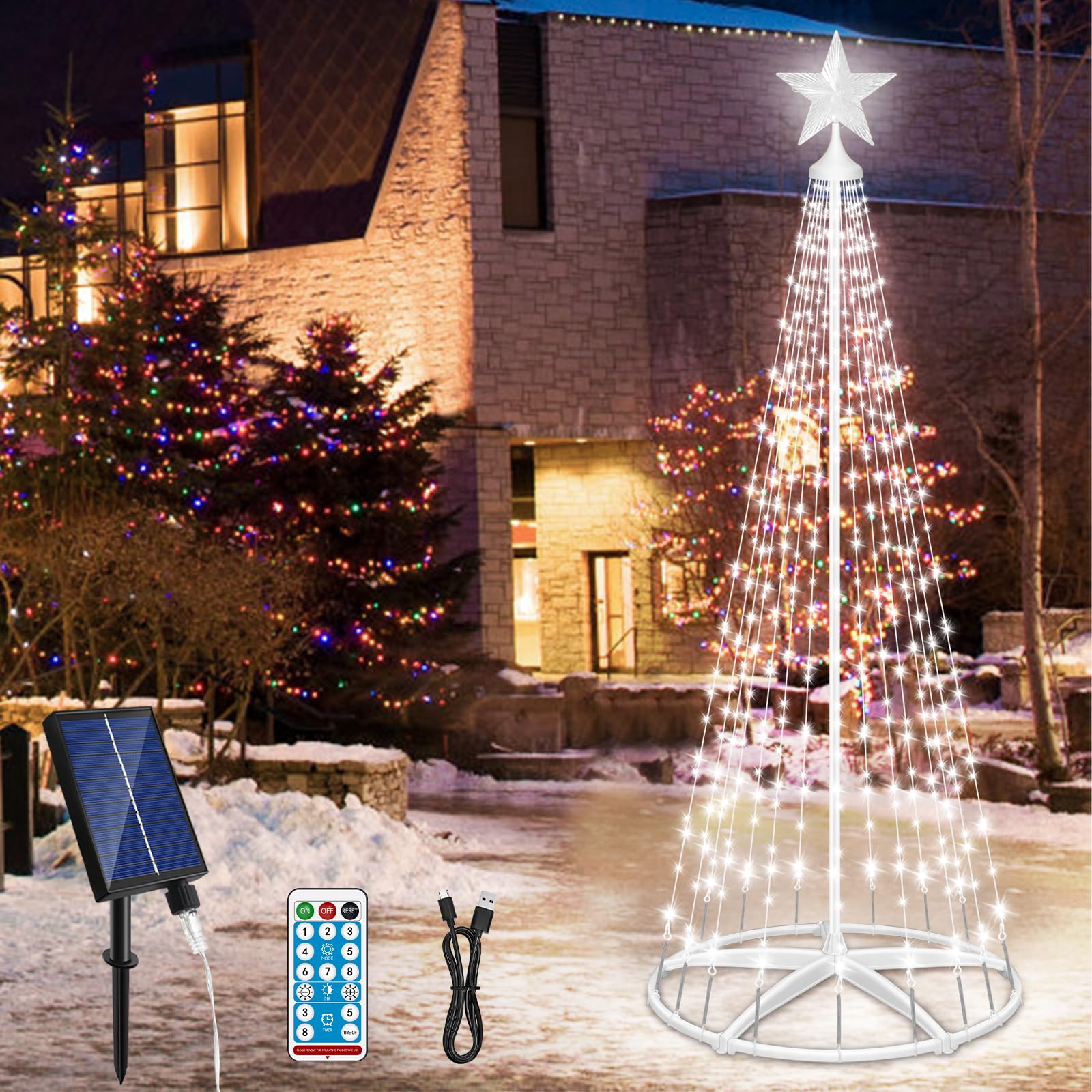 Outdoor Solar Christmas Cone Tree Lights  7.5ft 310 LED Christmas Tree LightShow with 8 Modes Timer Remote  Lighted Artificial Tree USB Charge for Xmas Yard Porch Patio Party Holiday Decor  Cold White