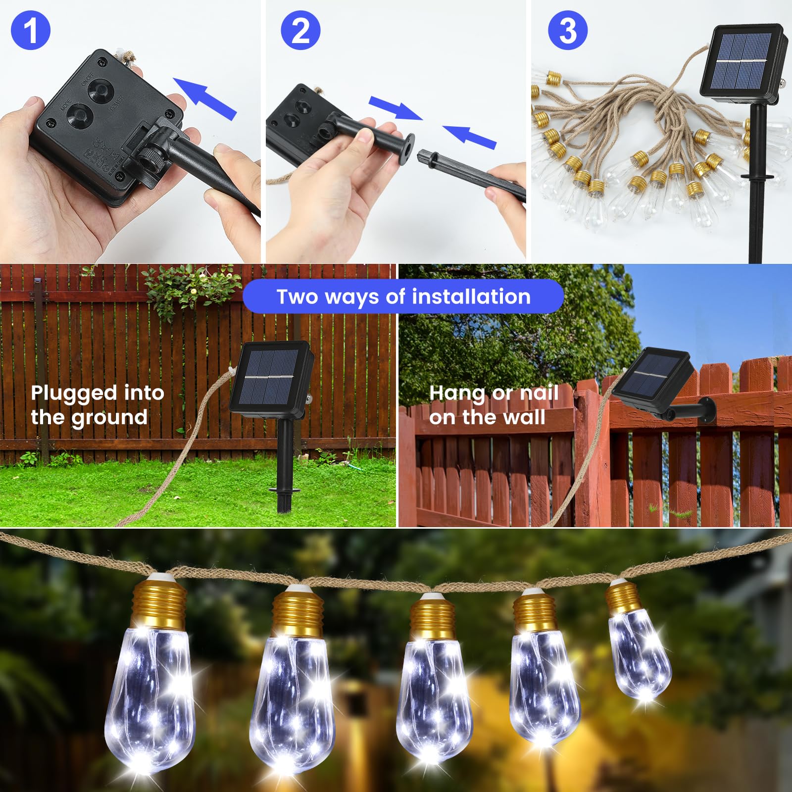 Solar String Lights For Outside, 24Ft Vintage Rope Hemp Solar Outdoor String Lights With 20 Shatterproof Bulbs, Solar Powered Wa