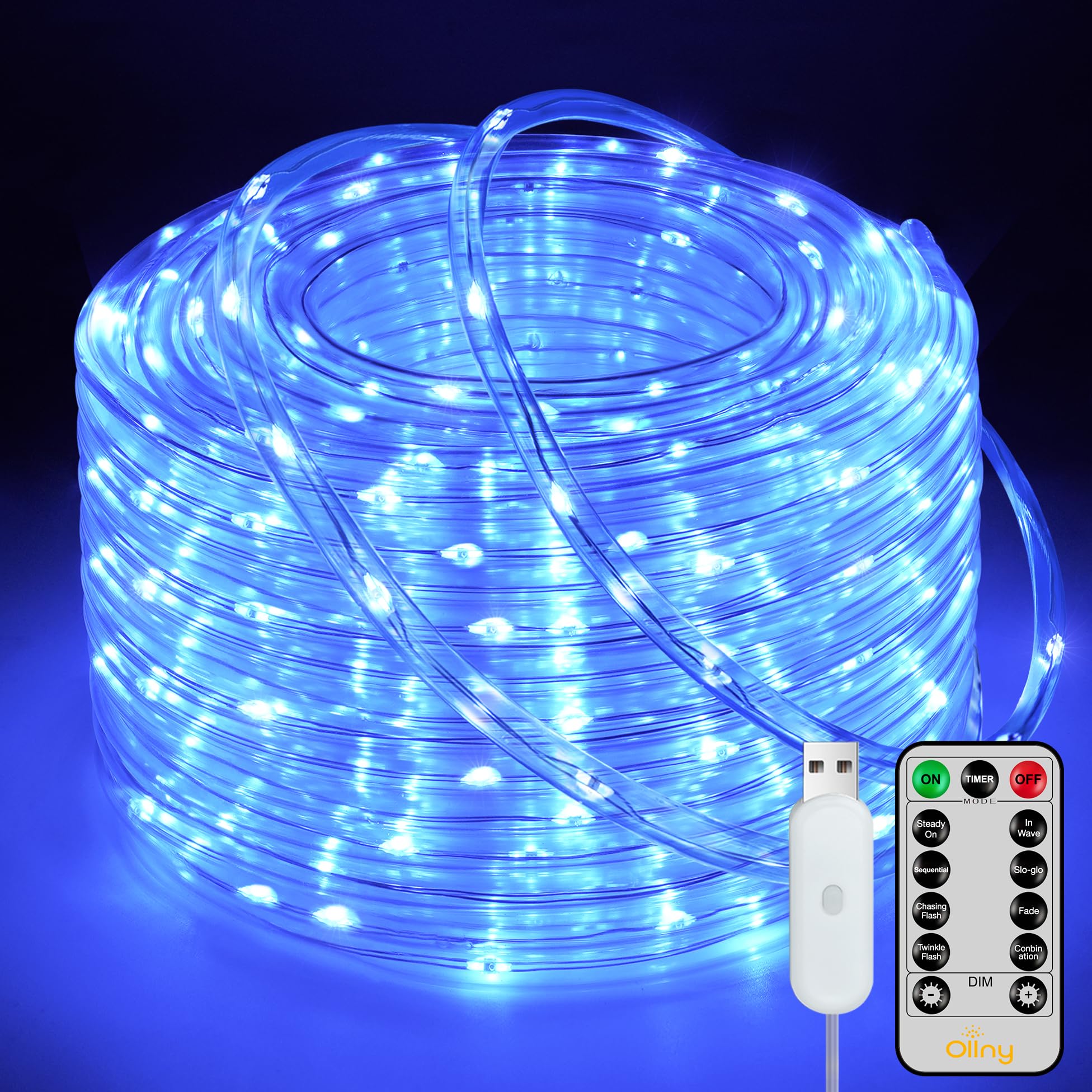 Ollny Rope Lights 33FT 100 LED, USB Multicolor String Lights with Remote, 8 Modes IP68 Waterproof Timer Fairys Lights for Indoor Outdoor Bedroom House Party Christmas Decorations