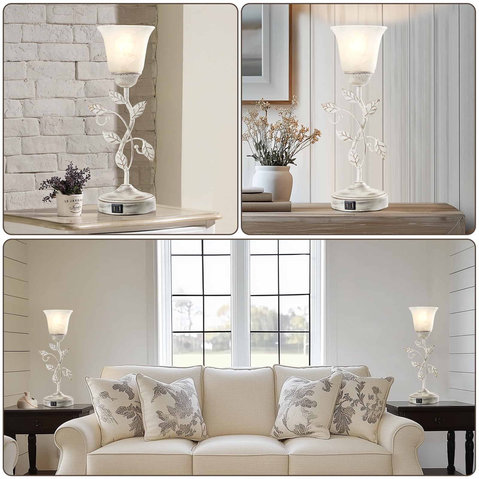 Roriano Set Of 2 Rustic Touch Table Lamps For Bedroom, 3-Way Dimmable Nightstand Flower Lamp With 2 Usb Ports, Retro White Glass