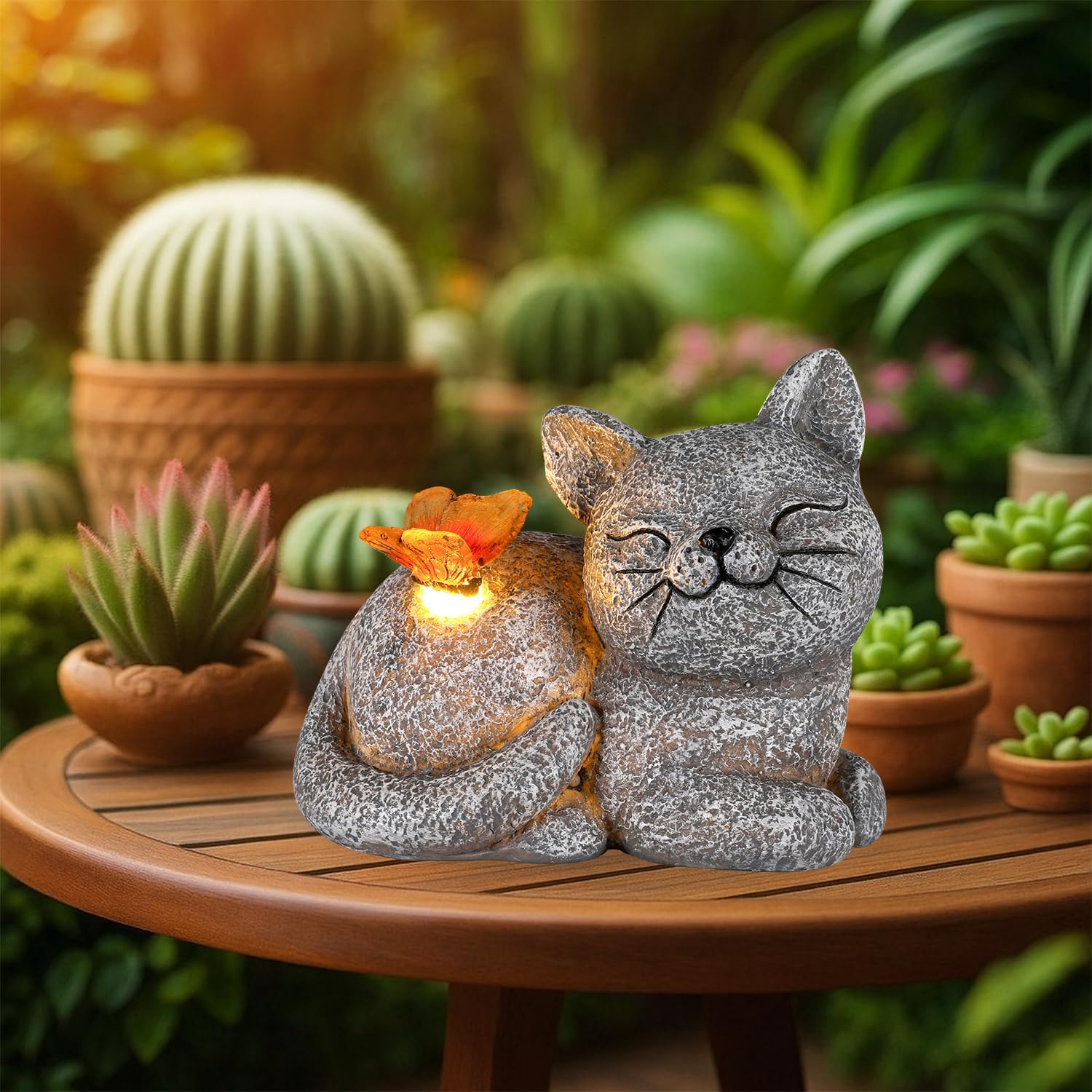 GoGnome Solar Cat Garden Statue with Butterfly Light - 5-Inch Outdoor Resin Figurine for Yard, Patio, Balcony - Gifts for Women,