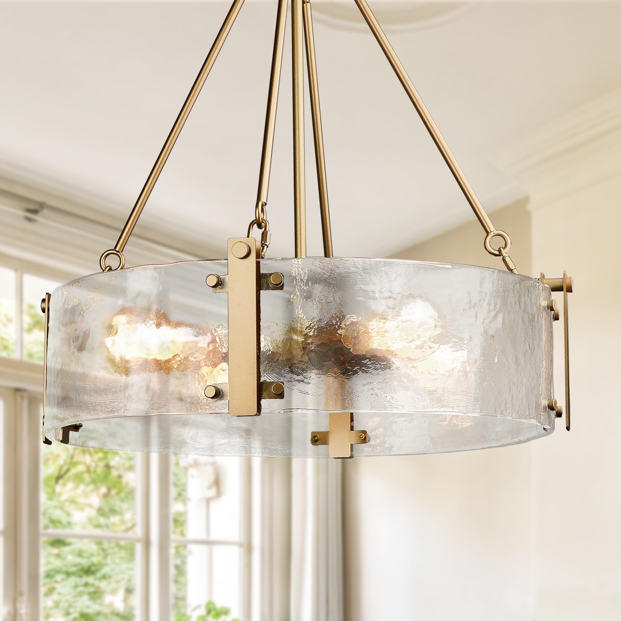 IKK Modern Textured Glass Chandelier, Gold Dining Room Chandelier, Elegant Drum Farmhouse Crystal Light Fixture, Round Lighting 
