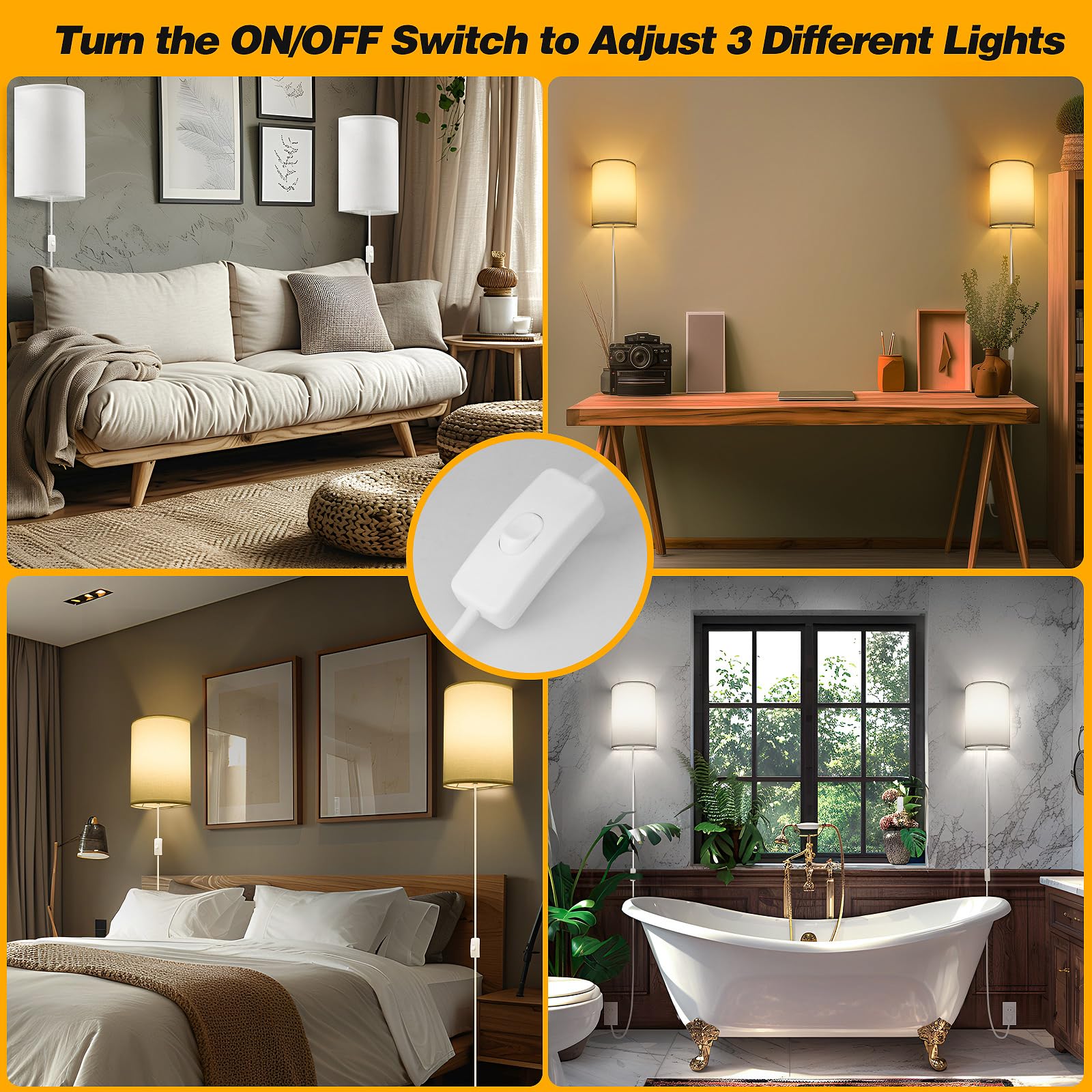 Beser·Win Wall Lamp, Industrial Plug-in Sconce, Fabric, On/Off Switch, Set of Two, White, Model: wall lamp-005