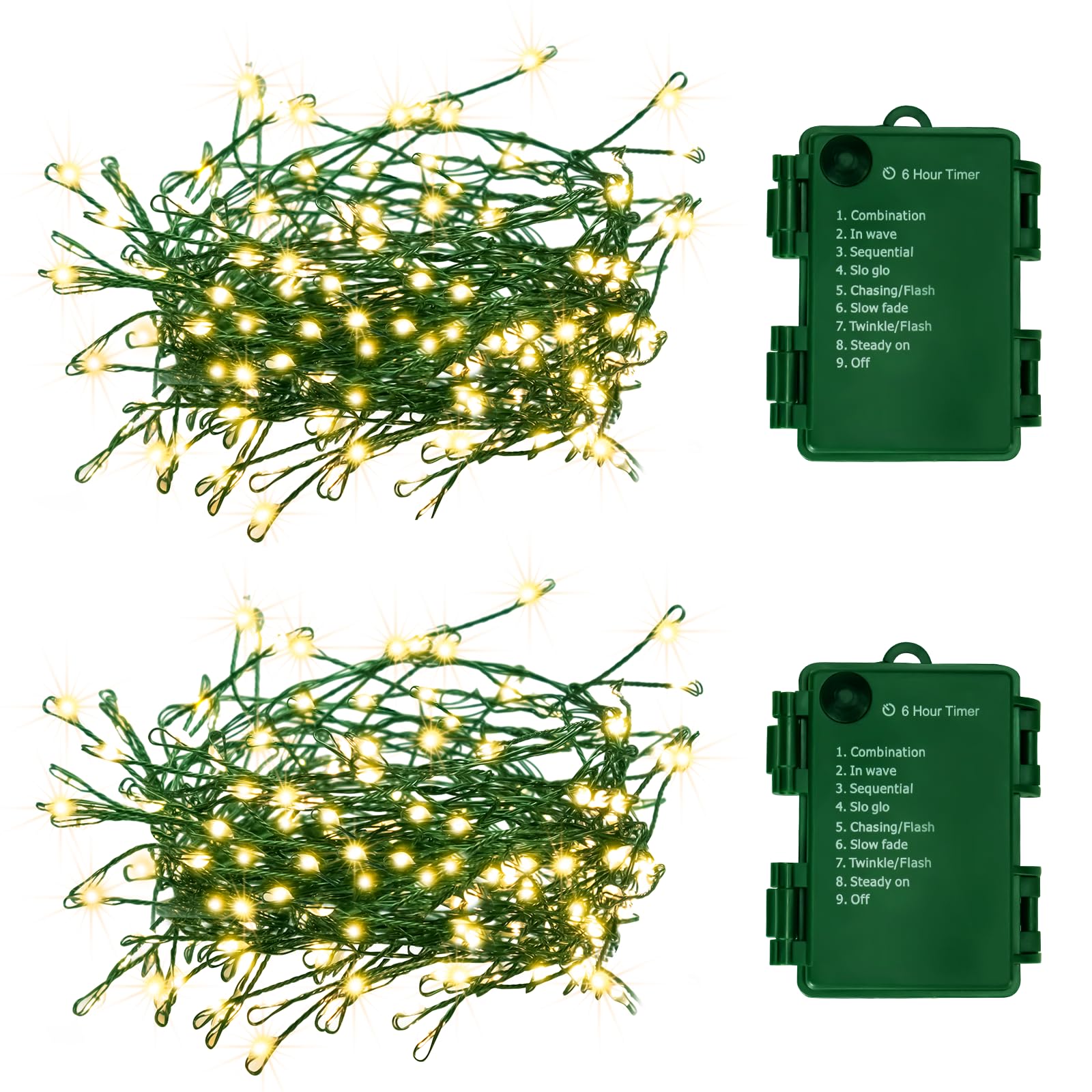 FairyGlim 2Pack Outdoor Fairy Lights, 100LED Warm White Copper Wire, 10Feet with 8 Modes and Timer, Model BP-100-W