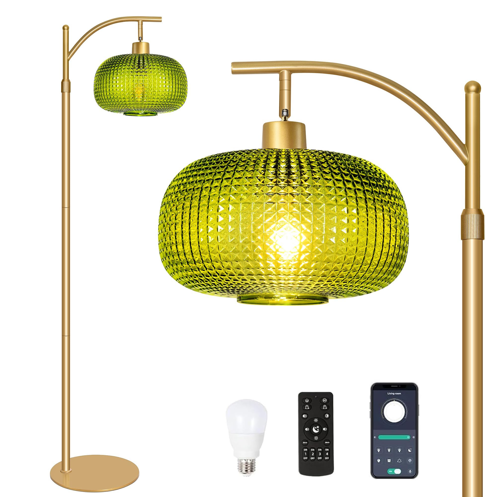 Duoled Modern Floor Lamp for Living Room, Mid Century Tall Standing Lamp Green Glass Lamp Shade, Dimmable Gold Tall Pole Lamp fo