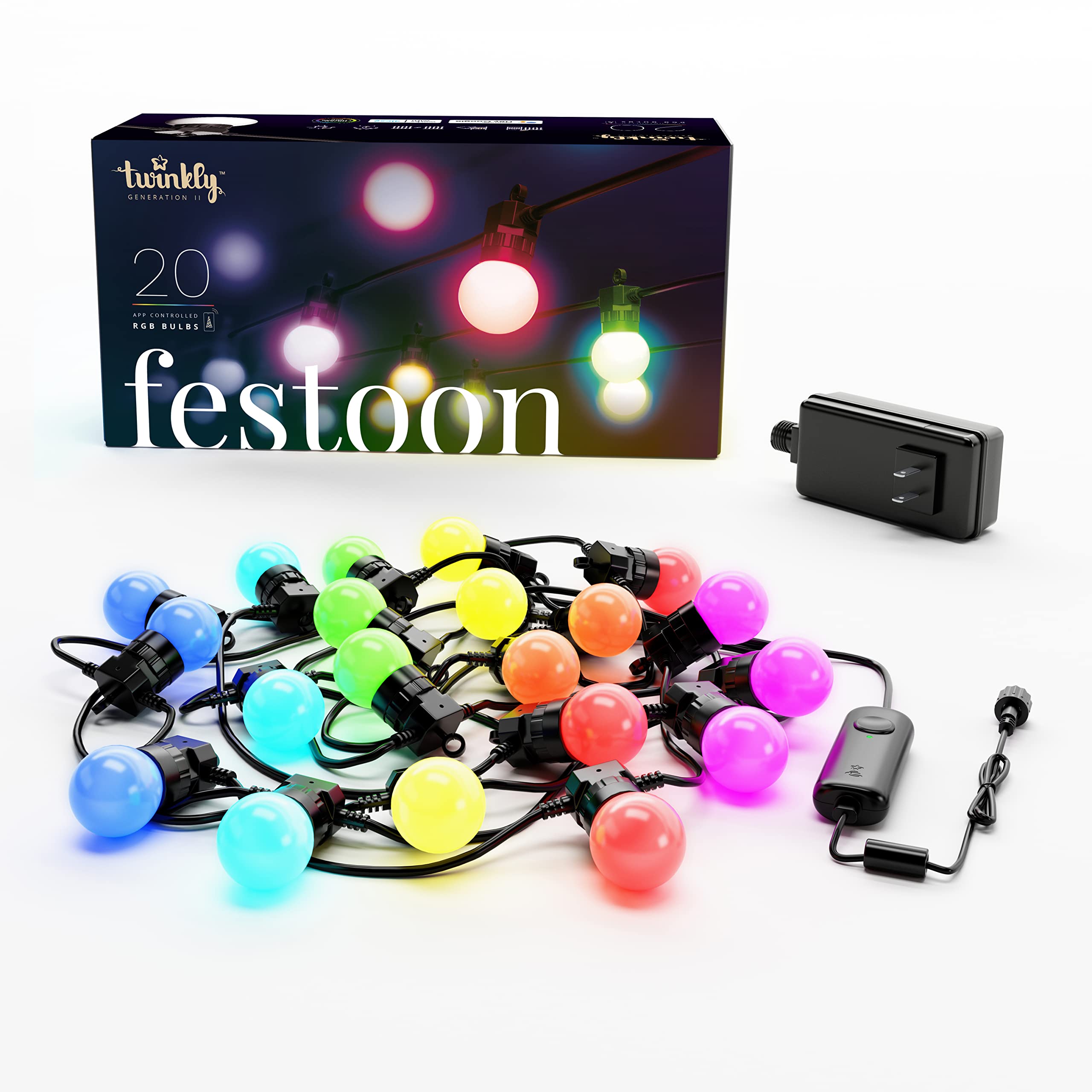 Twinkly Festoon 20 LED RGB Light Chain, 33ft, Multicolor, Compatible with Alexa & Google Home, IP44, Model TWF020STP-BUS
