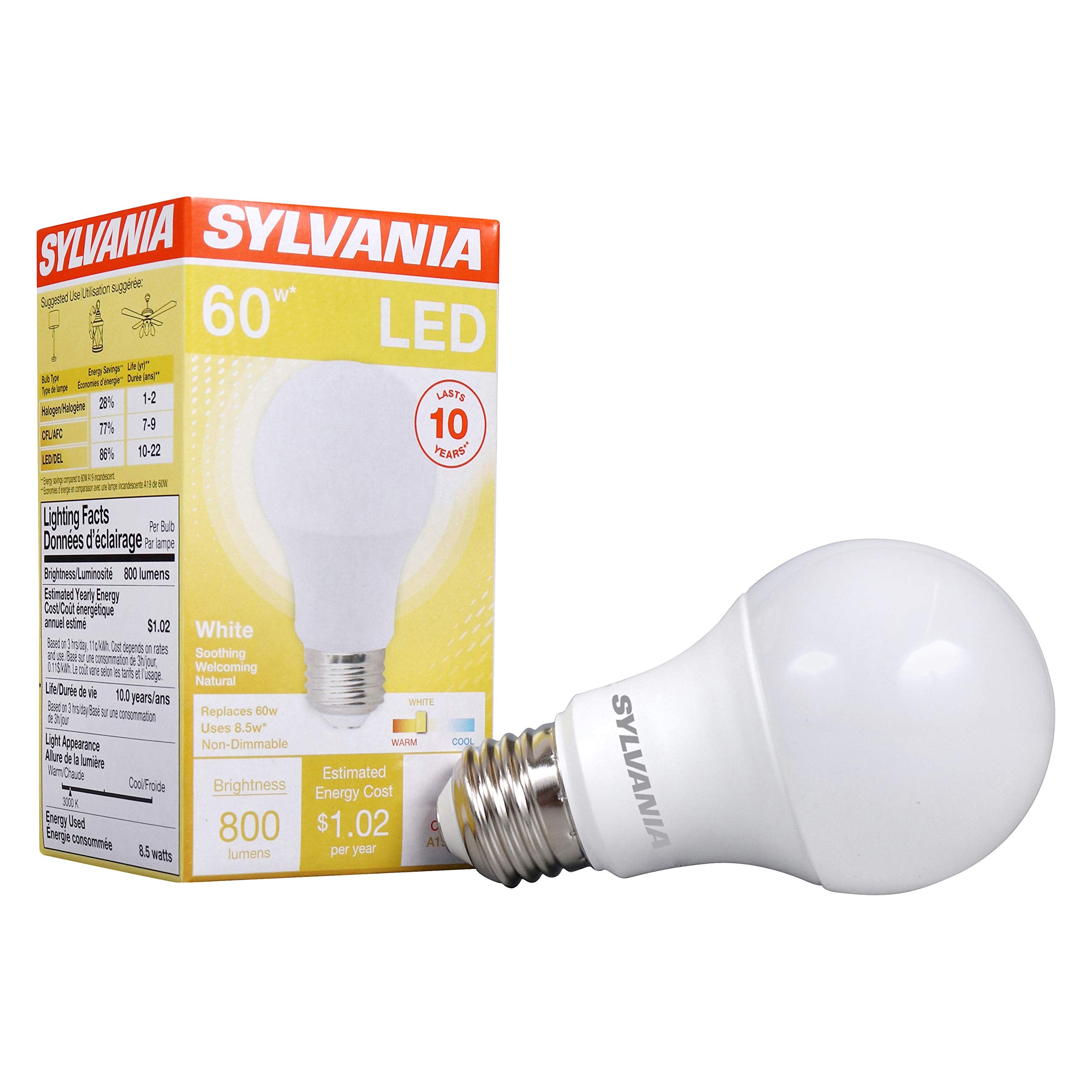 Ledvance Sylvania A19 Led Light Bulb, 8.5W, 60W Equivalent, 10 Year, Non-Dimmale, 800 Lumens, 3000K, White - 1 Pack (74733)
