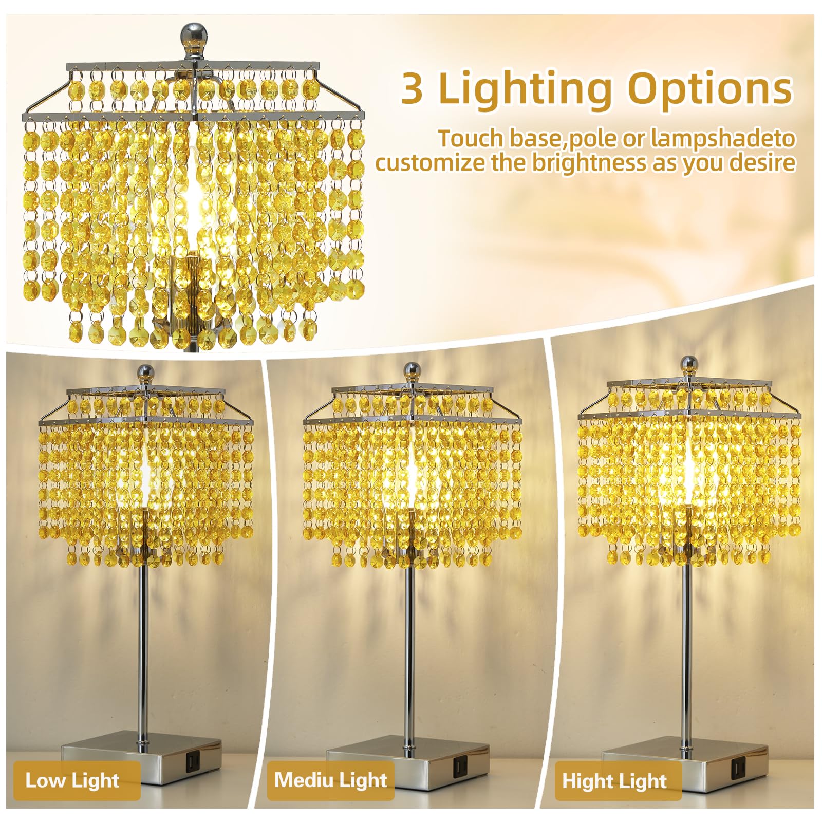 Crystal Table Lamp With Touch Control, Bedside Lamp With Usb C+A Ports, 3-Way Dimmable With Crystal Shade For Girls Bedroom, Liv
