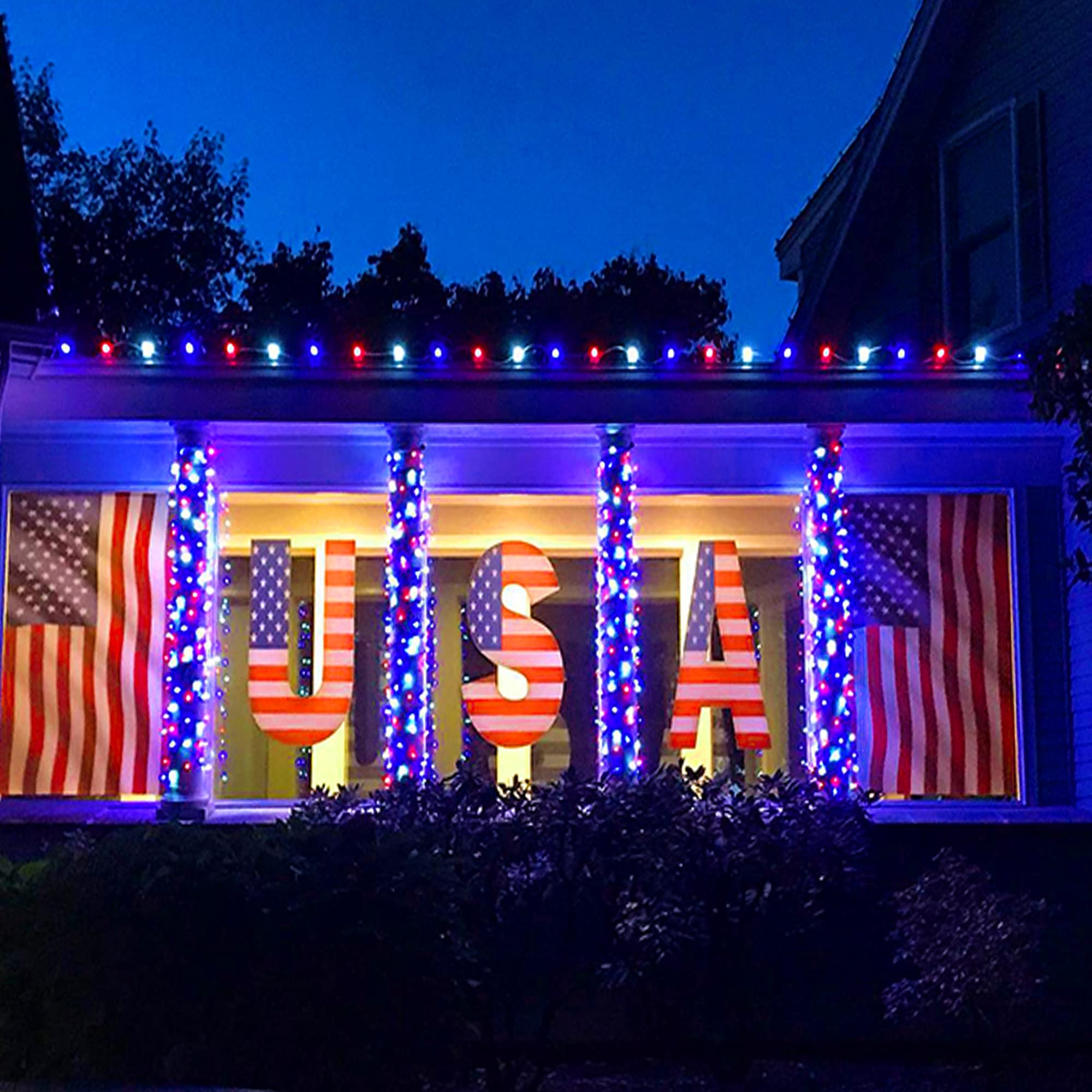 kemooie 500 LED 4th of July String Lights, 164FT Waterproof Red White Blue, 8 Twinkle Modes for Outdoor Patio Garden