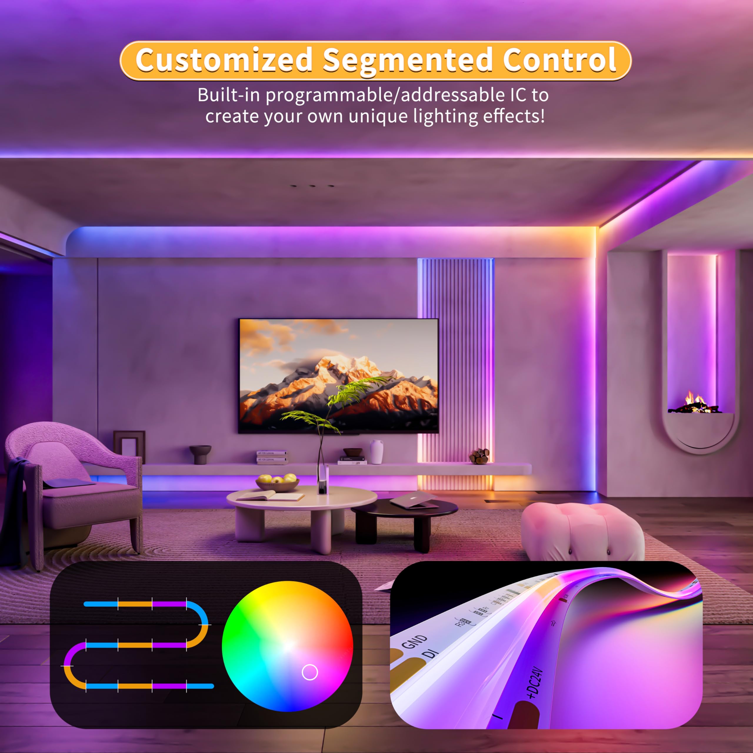 Pautix 32.8Ft Rgb Smart Ic Cob Led Strip Light, Ul-Listed 24V Addressable Flexible Tape Light