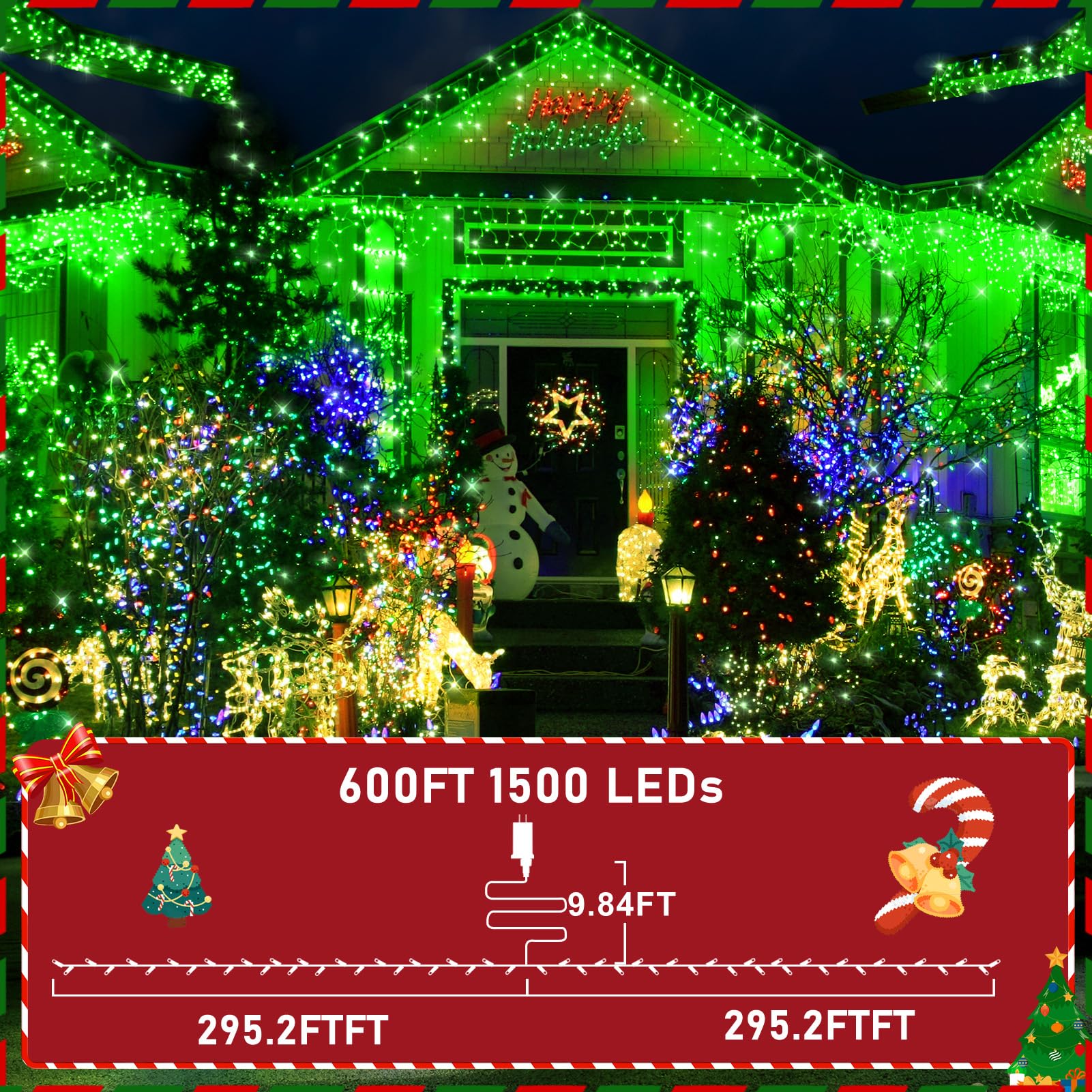 Knonew 600Ft 1500 Led String Lights Outdoor Christmas Lights 8 Modes & Timer Fairy Light Plug In Waterproof Led String Lights For Xmas Yard Tree Wedding Party Holiday Decorations (Green)