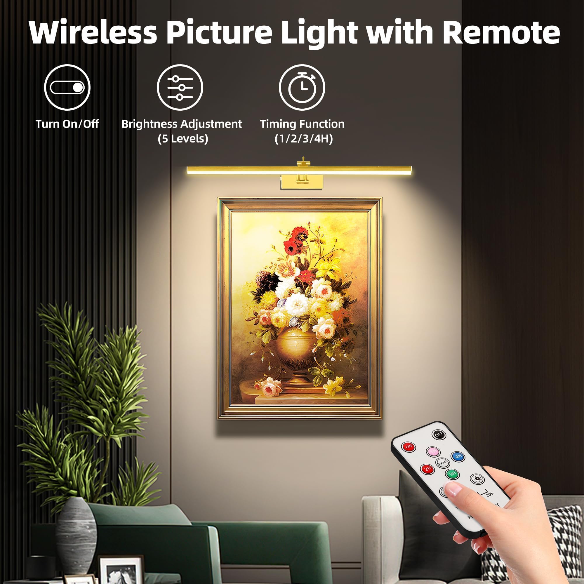 JNGMAIR 4 Pack Picture Lights - 23in Gold Aluminum Art Lighting, Cordless, Rechargeable with Remote, Dimmable & Timer, Model JM-09ZHD-60-G