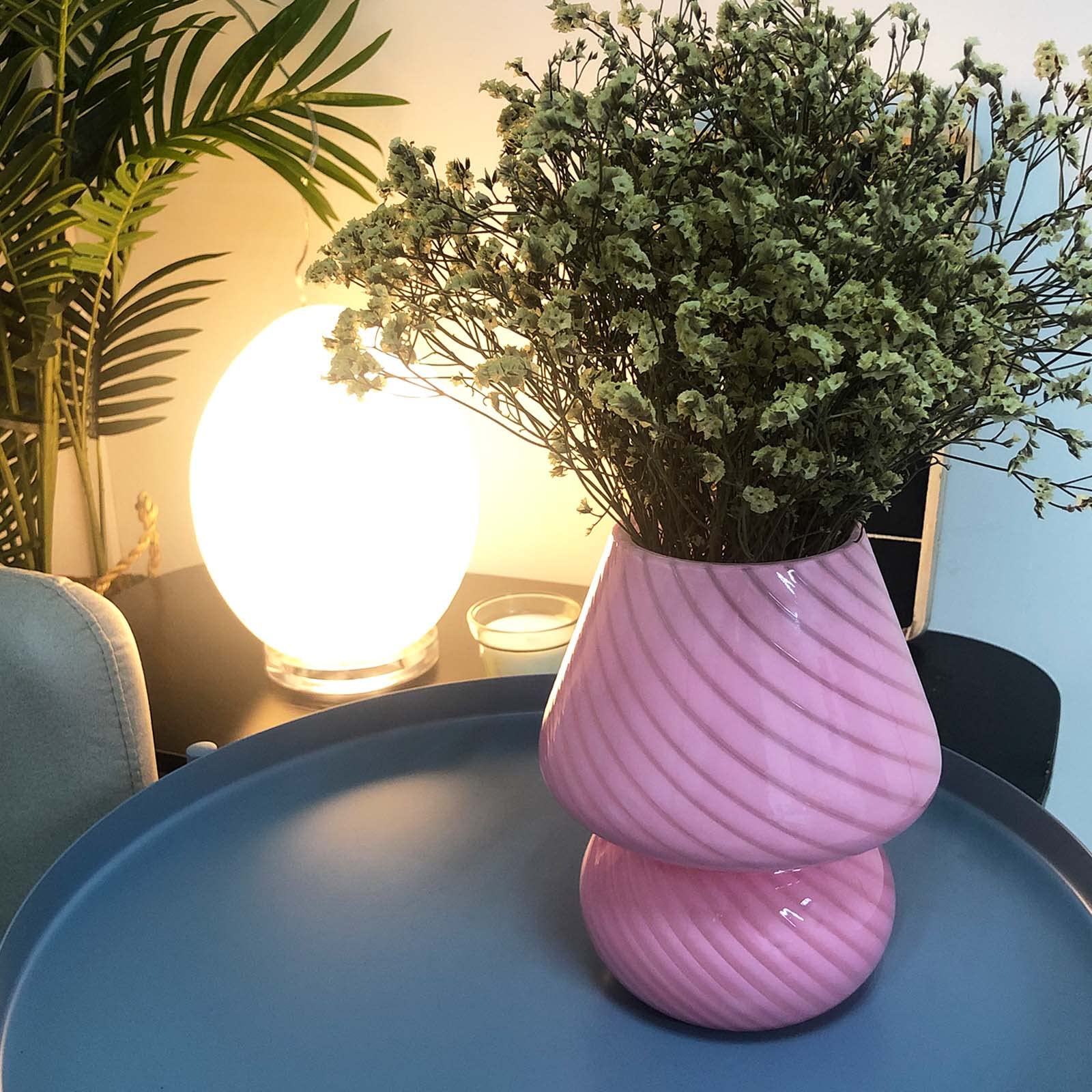 BSOD Glass Mushroom Lamp, Stripe Pink, Cute Small Size, Model Bsod-SW-Lamps007, Vintage Style Nightstand Light for Home Decor