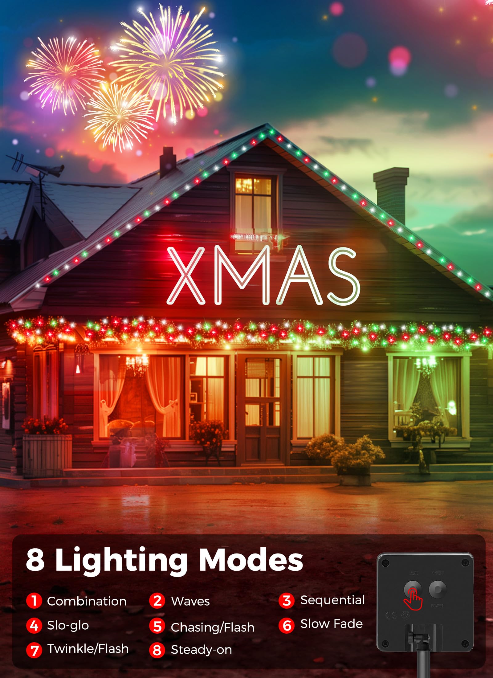 Minetom Solar Christmas Lights Outdoor Waterproof, 40Ft 100 Led Solar Lights With 8 Modes, Solar Christmas Outdoor Decoration, Solar String Lights For Outside House Tree Party Yard, Red Green & White