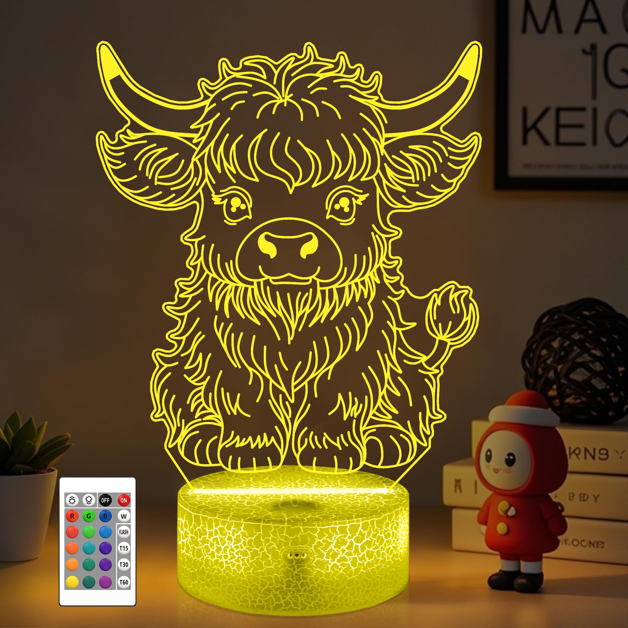 Okiyid Highland Cow Gifts For Boys Girls Highland Cow Night Light 3D Illusion Lamp With 16 Colors Changing Moo Decor For Kids Room Decor Birthday Gifts