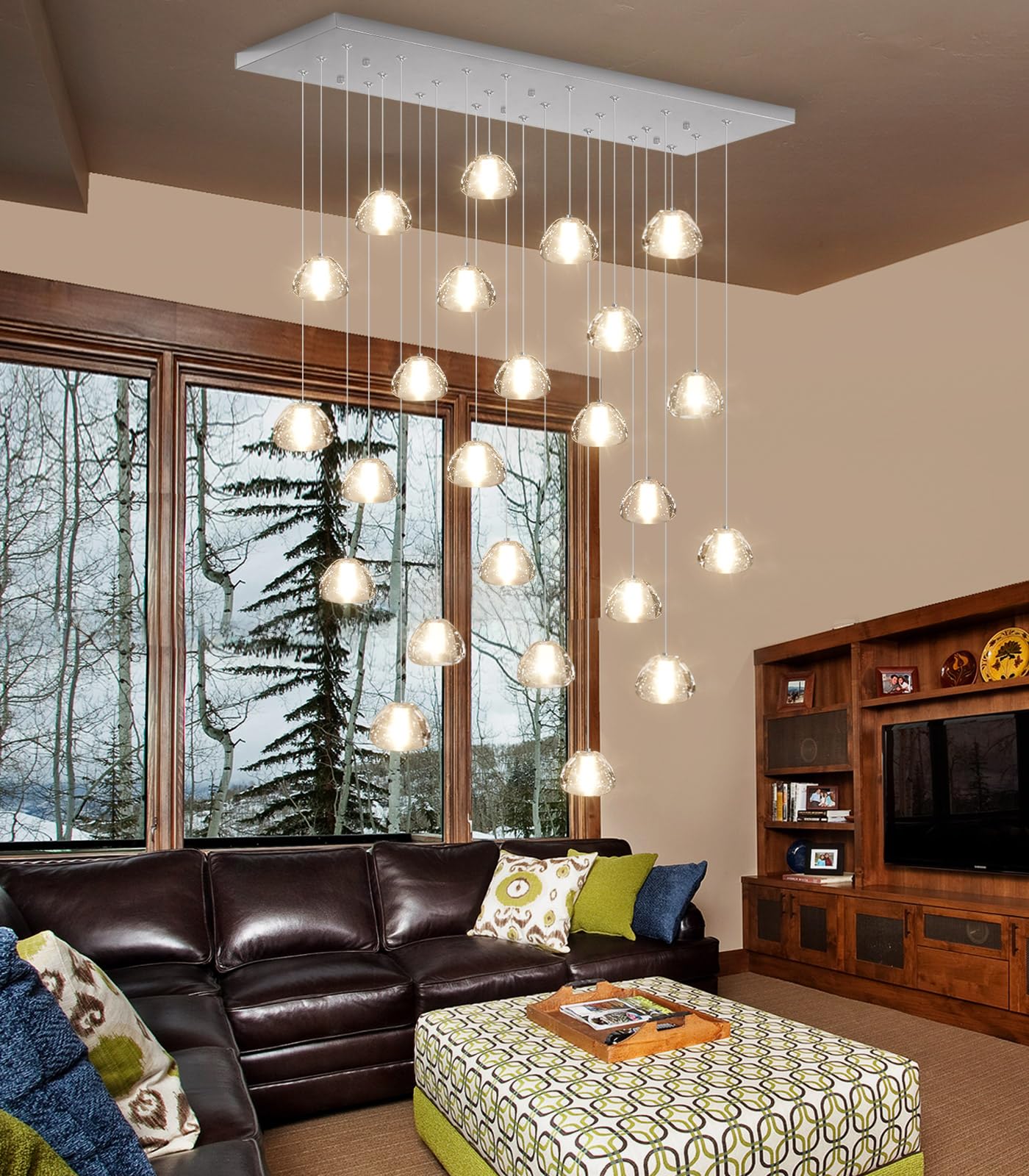 dolria 24-Lights Rectangular Crystal Chandelier, LED Pendant Light, Silver, Model PC0010-24Y, Ideal for Living Room, Hallway, Bedroom
