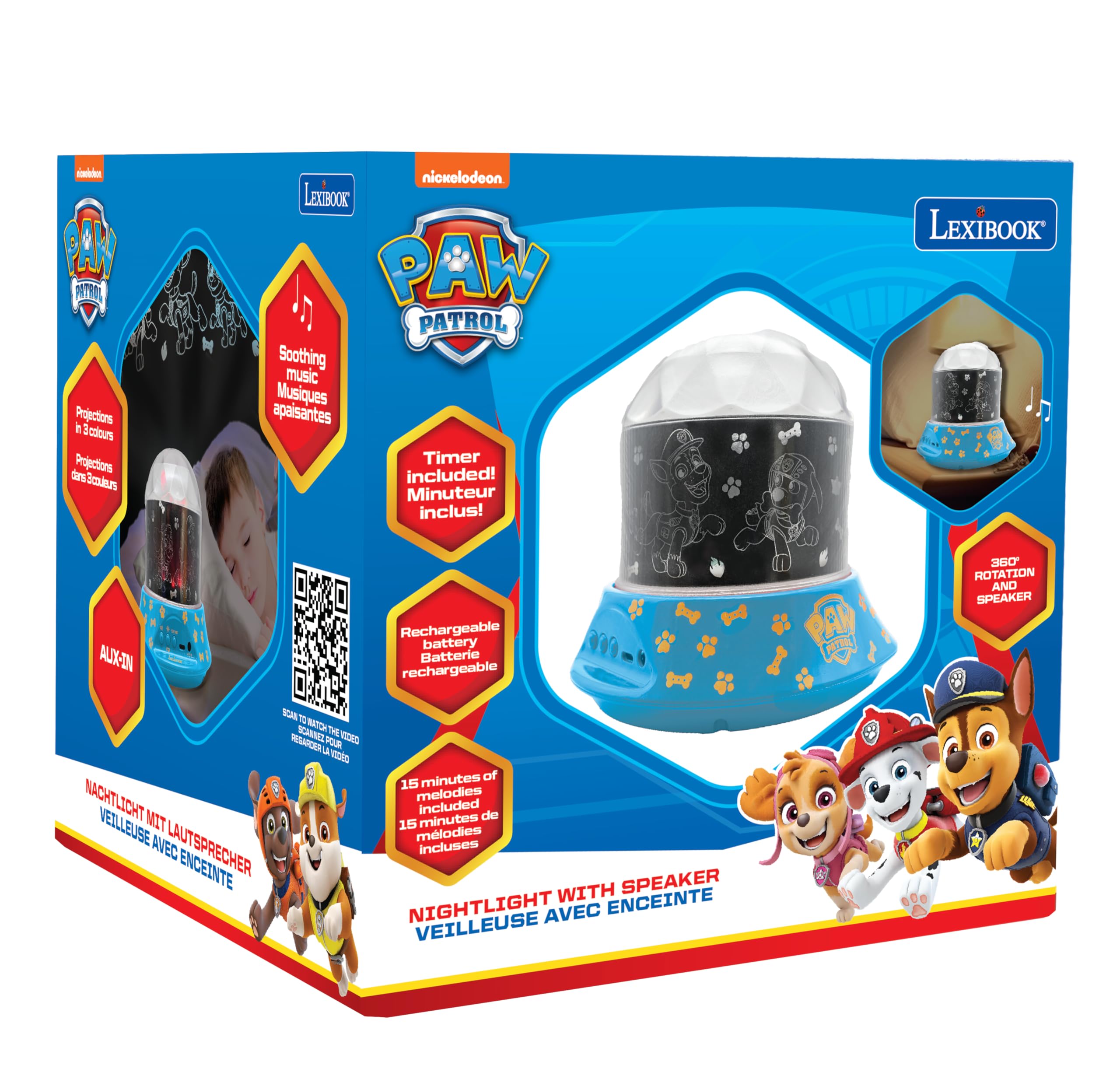 LEXiBOOK Paw Patrol Nightlight Projector with Speaker, Blue, Model NLJ035PA, Kids Bedroom Lamp with Luminous Ceiling Projections