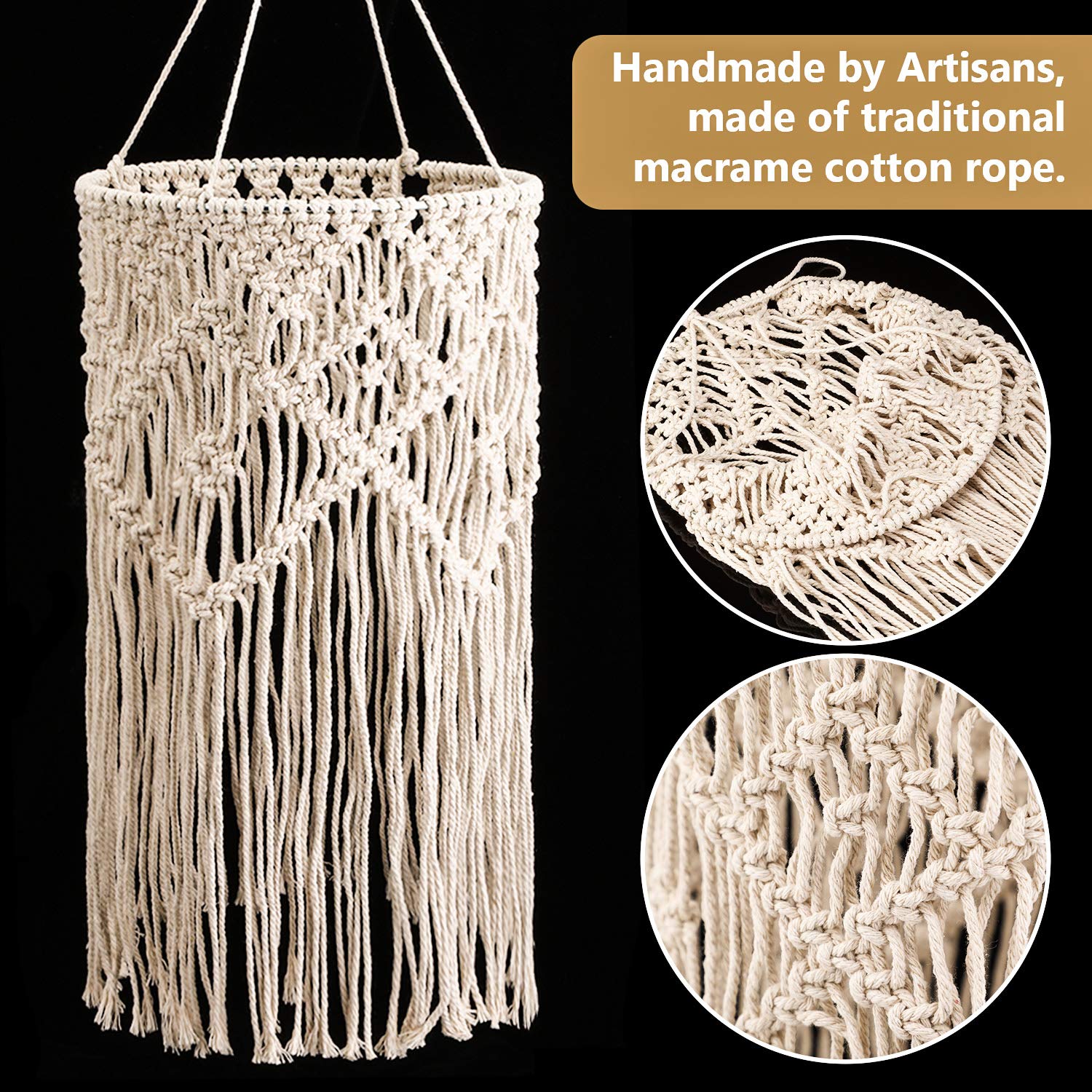 Boao Boho Hanging Lamp Shade Macrame Lamp Shade Light Cover Pendant Ceiling Decor For Living Room, Bedroom And Bathroom, Warm Wh