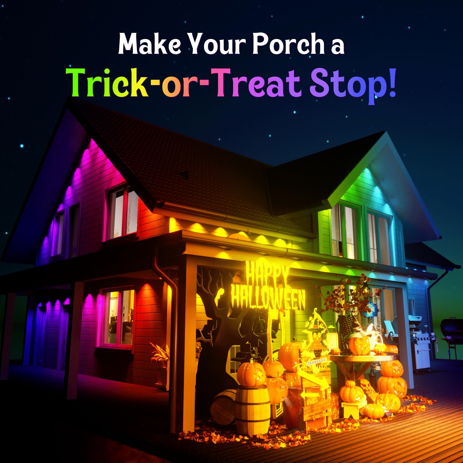 HUTAKUZE Outdoor Lights, 200FT, 120 RGB LEDs, IP67 Waterproof, 48 Scene Modes, Remote Control, Multicolor, Model C5109